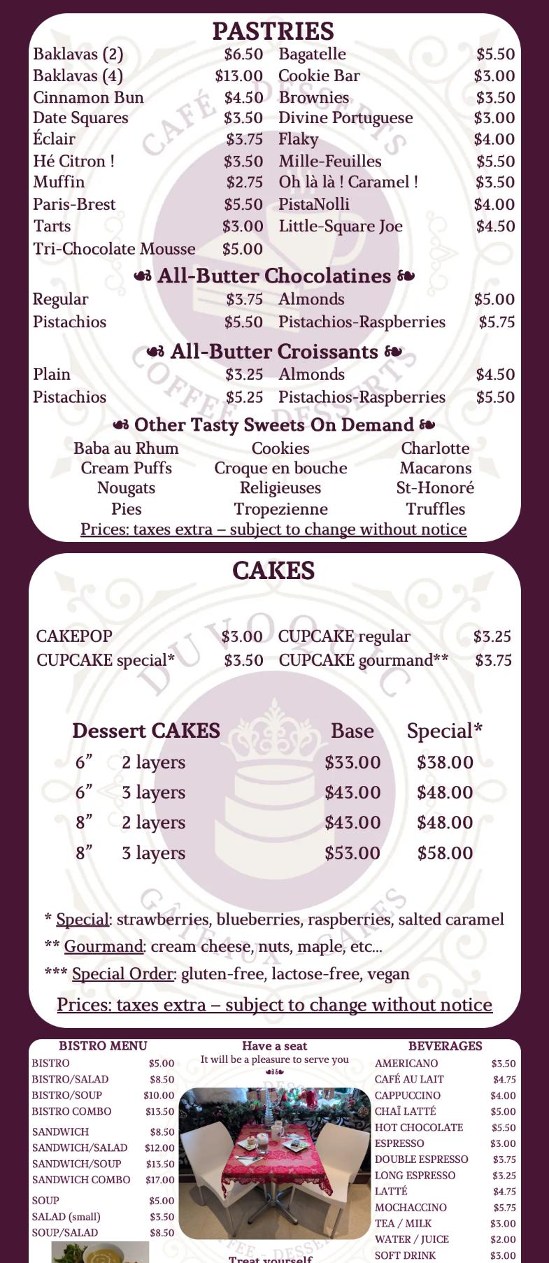 Gâteaux Duvoquic Cakes Menu