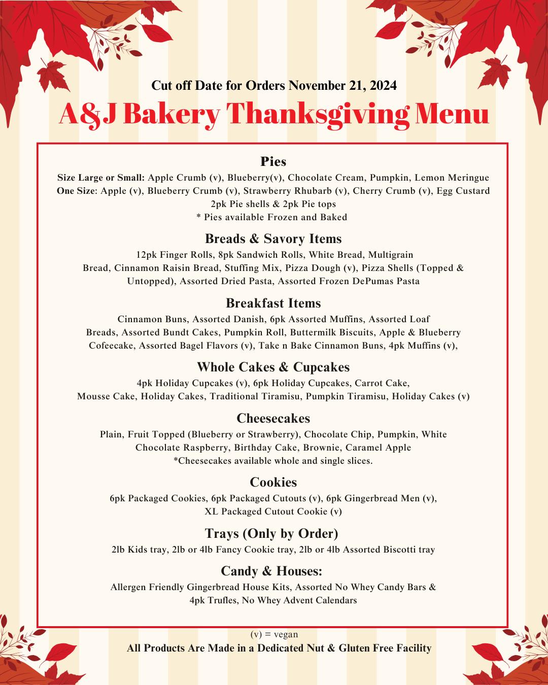 A & J Bakery Menu