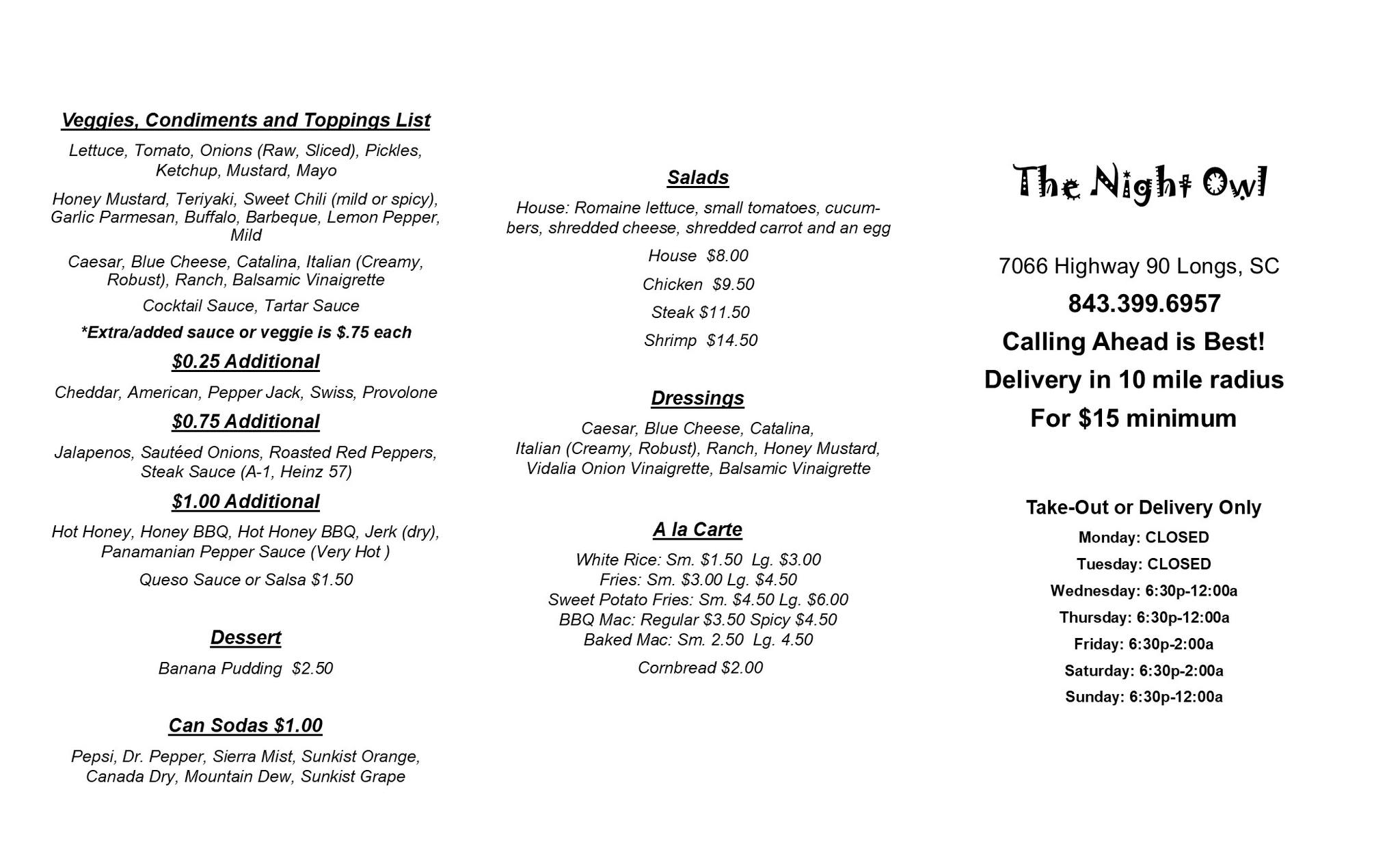 Night Owl Restaurant Group Menu