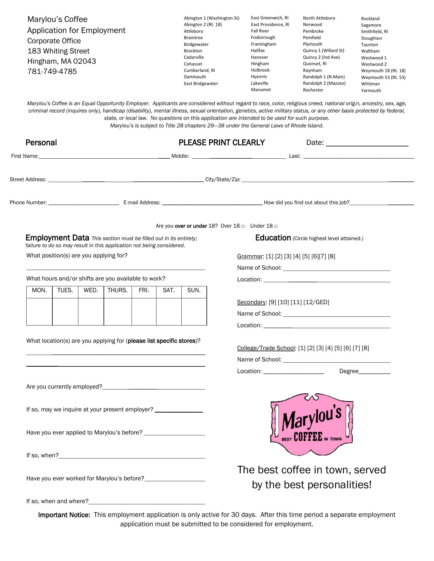 Marylou's Coffee Menu