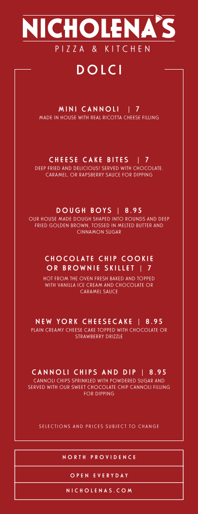 Nicholena’s Pizza + Kitchen Menu