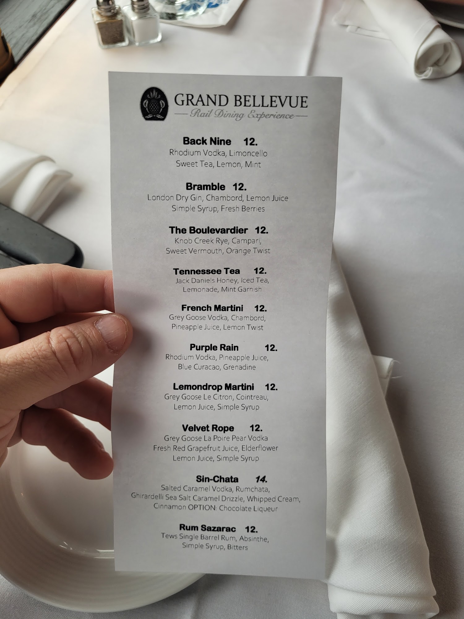 Grand Bellevue Rail Dining Experience Menu