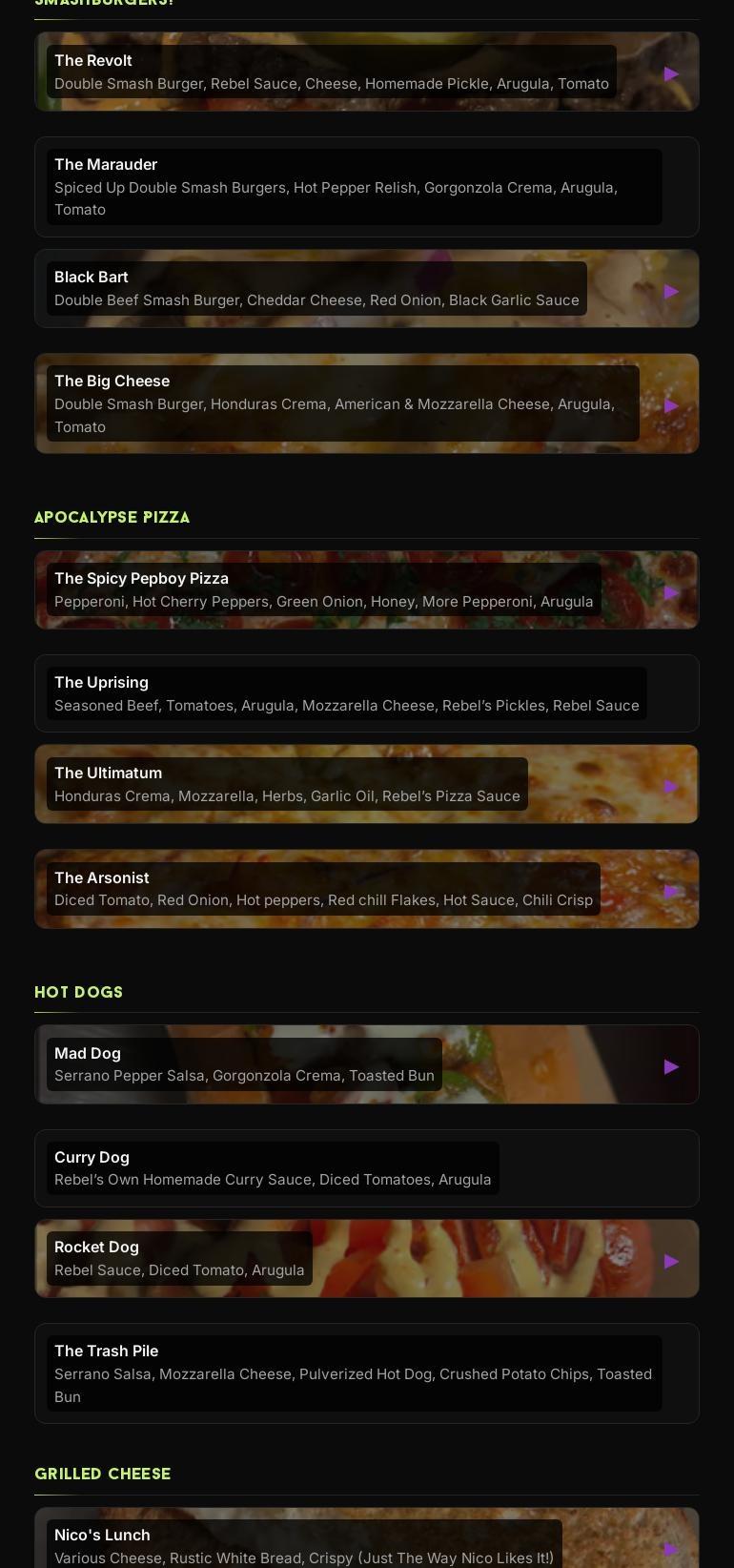 Rebel's Rations Menu