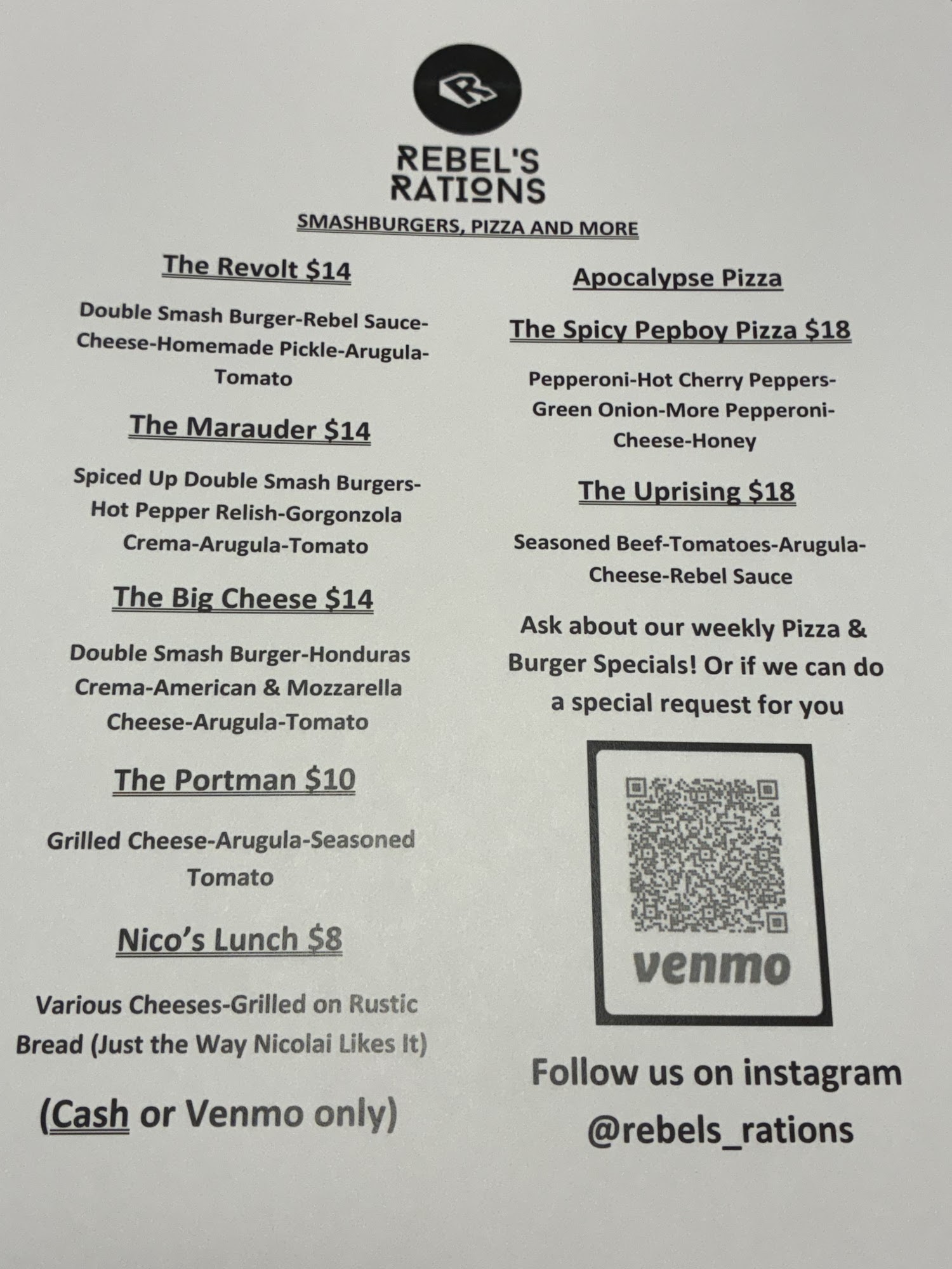 Rebel's Rations Menu