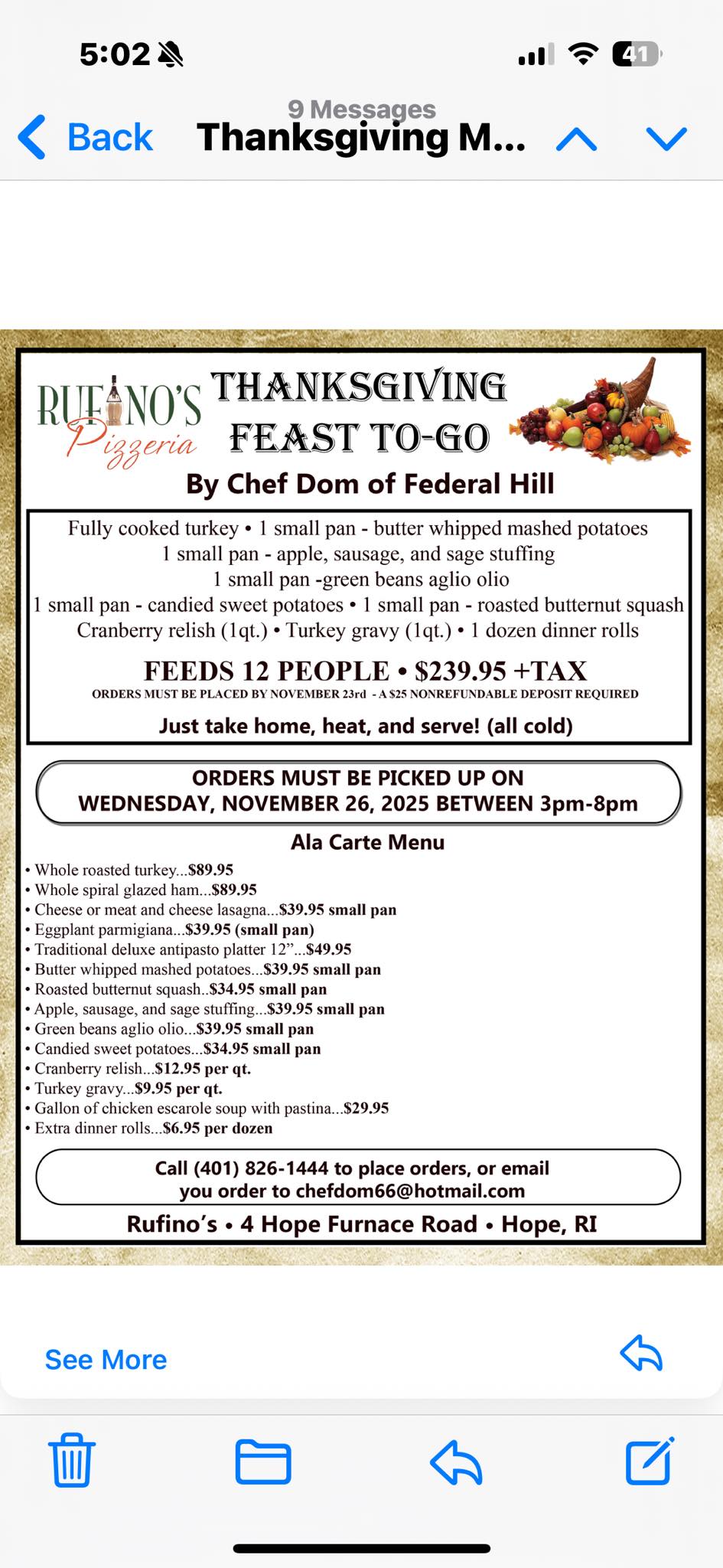 Rufino's Pizzeria Menu