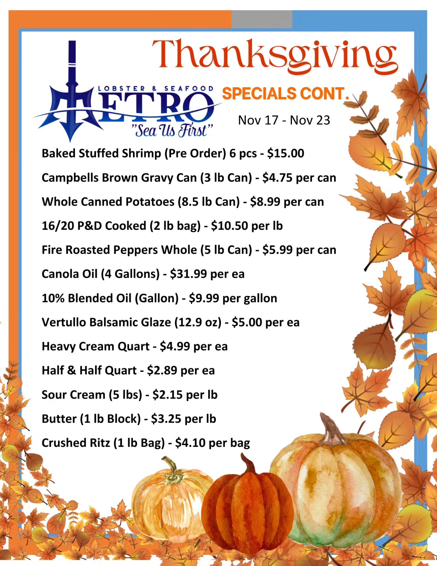 Metro Lobster & Seafood Menu