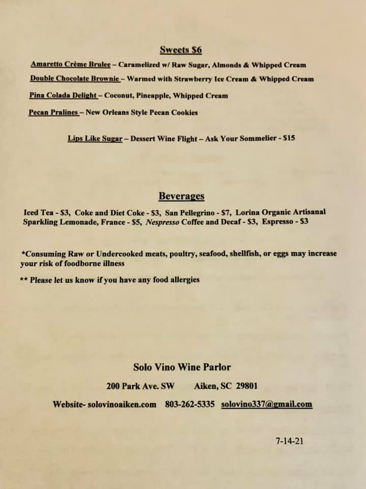Solo Vino Marchand de Vin Menu