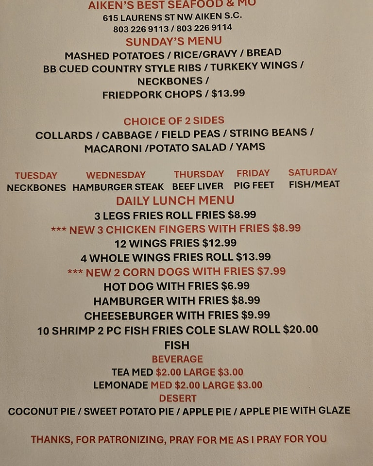 Aiken's Best Seafood & Mo Menu