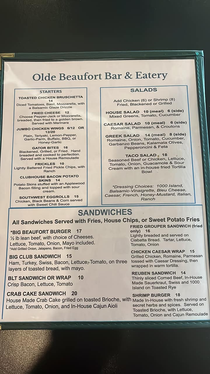 Olde Beaufort Bar & Eatery Menu