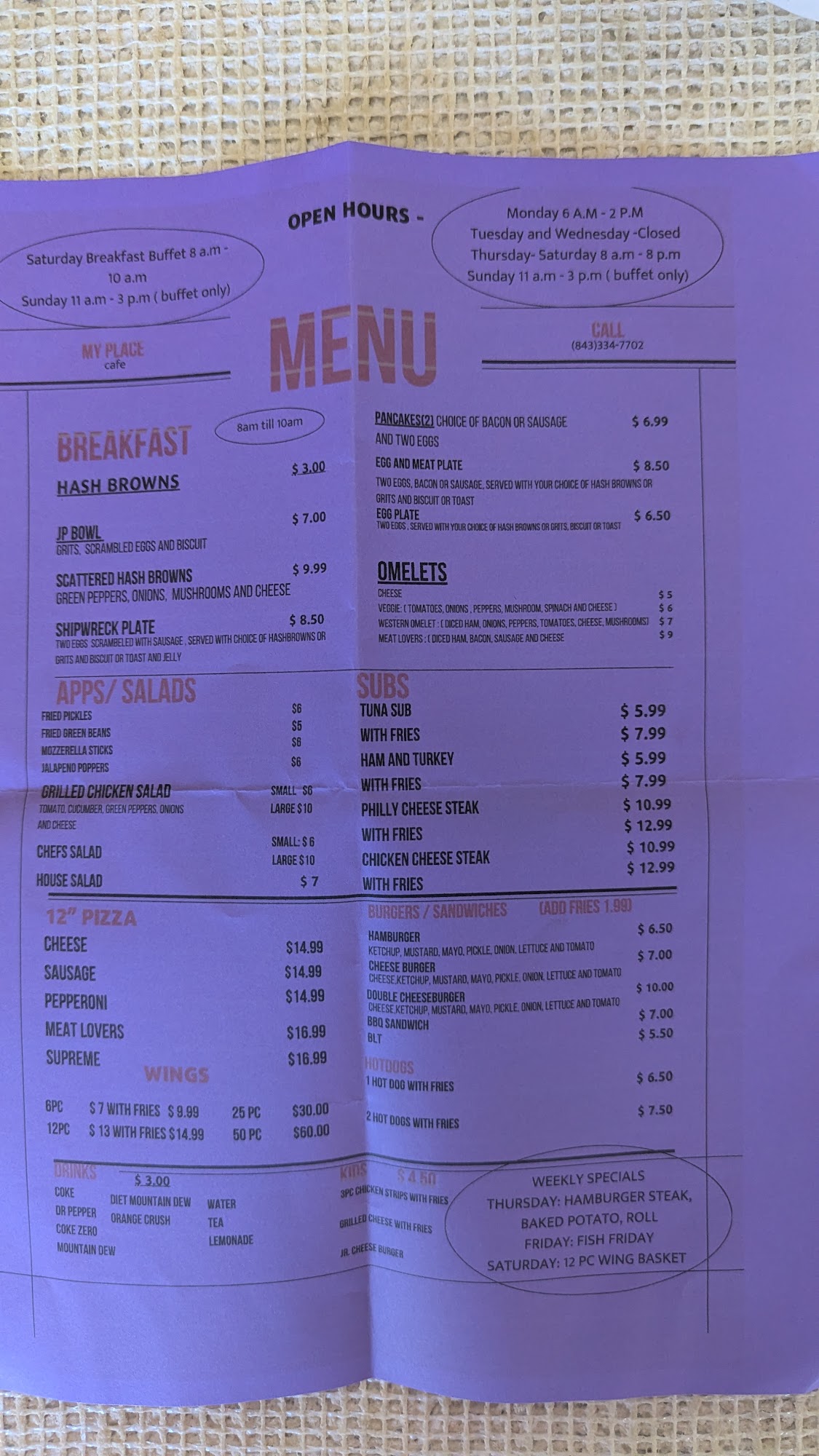 My place cafe Menu