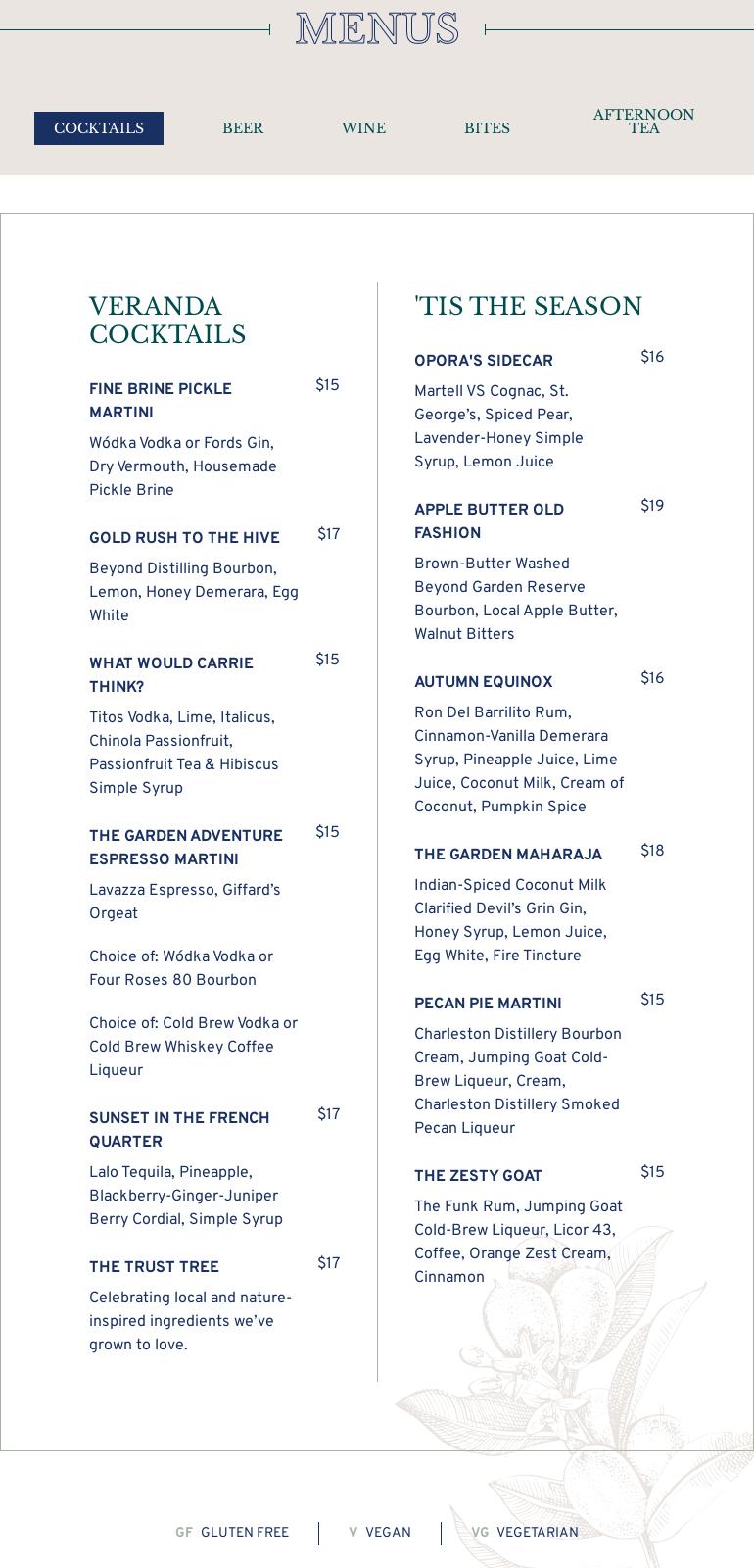 Veranda Lounge Menu