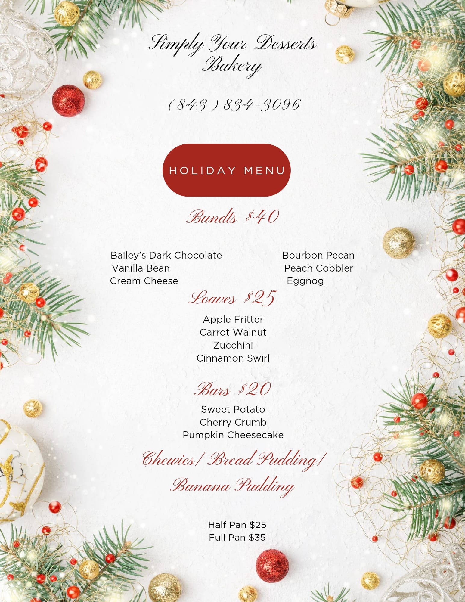 Simply Your Desserts Bakery Menu