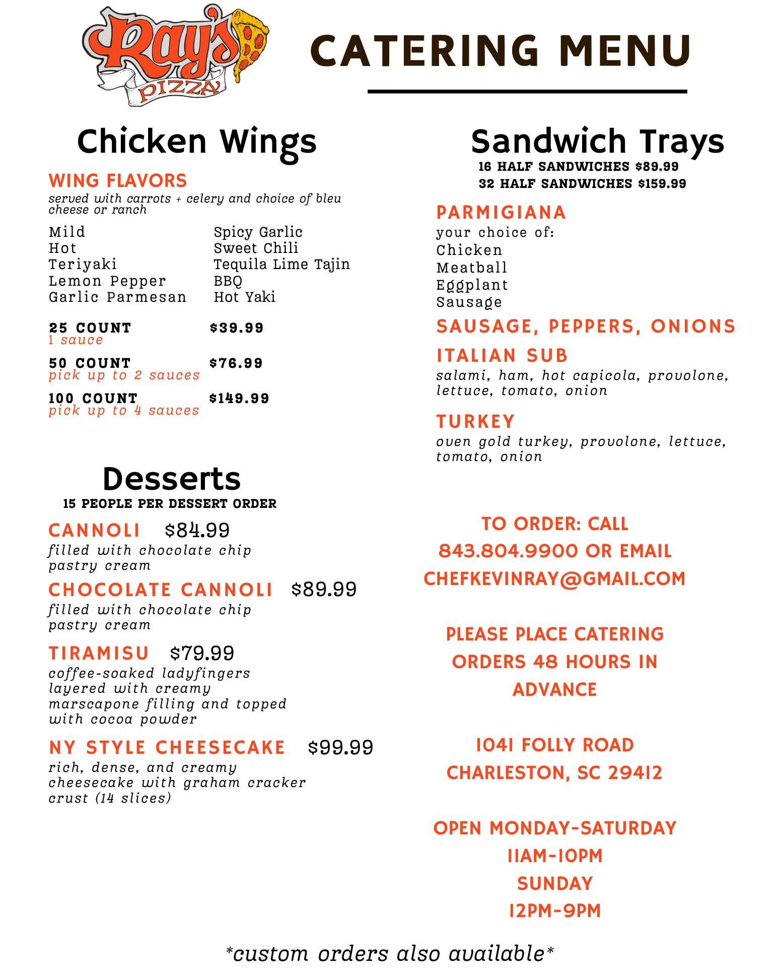 Ray's Pizza Menu