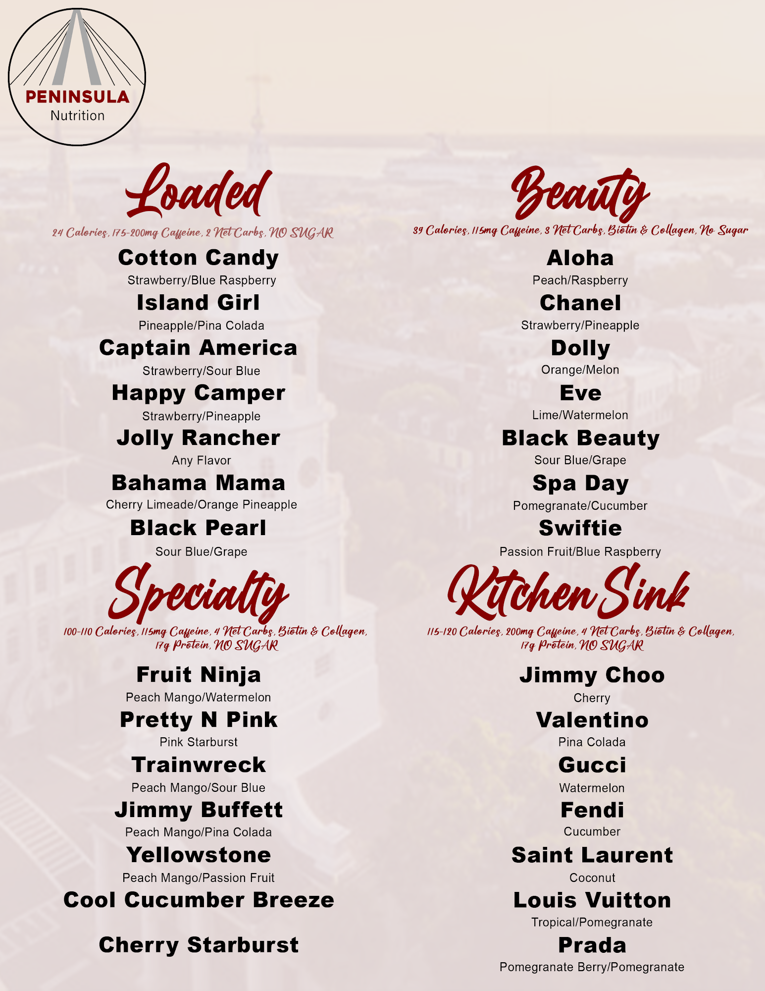 Peninsula Nutrition Menu