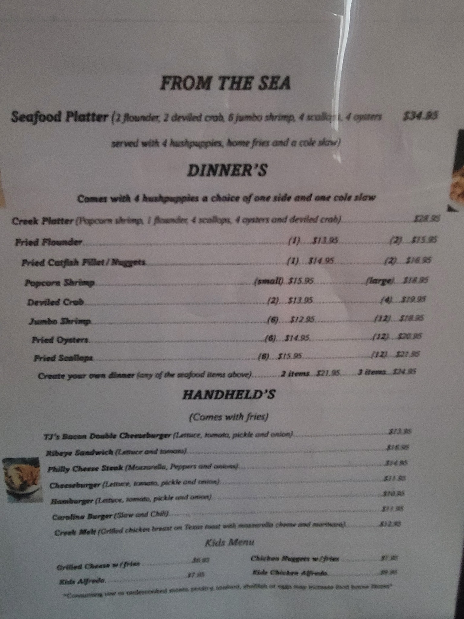 Cabin Creek Restaurant Menu