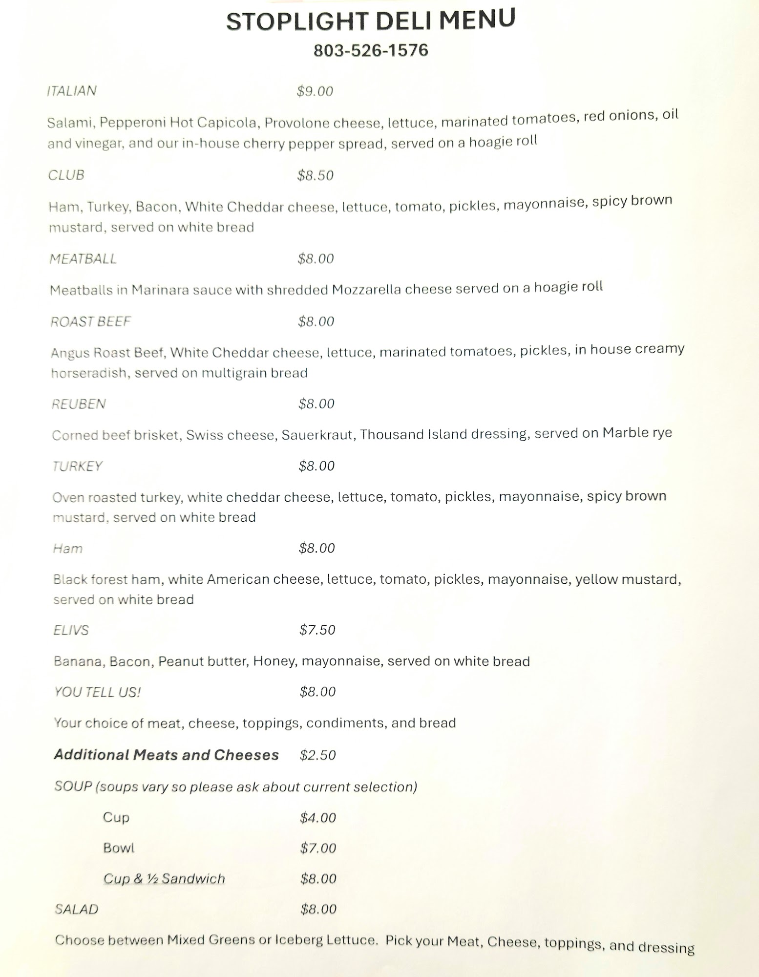 Stoplight Ice Cream & Deli Menu