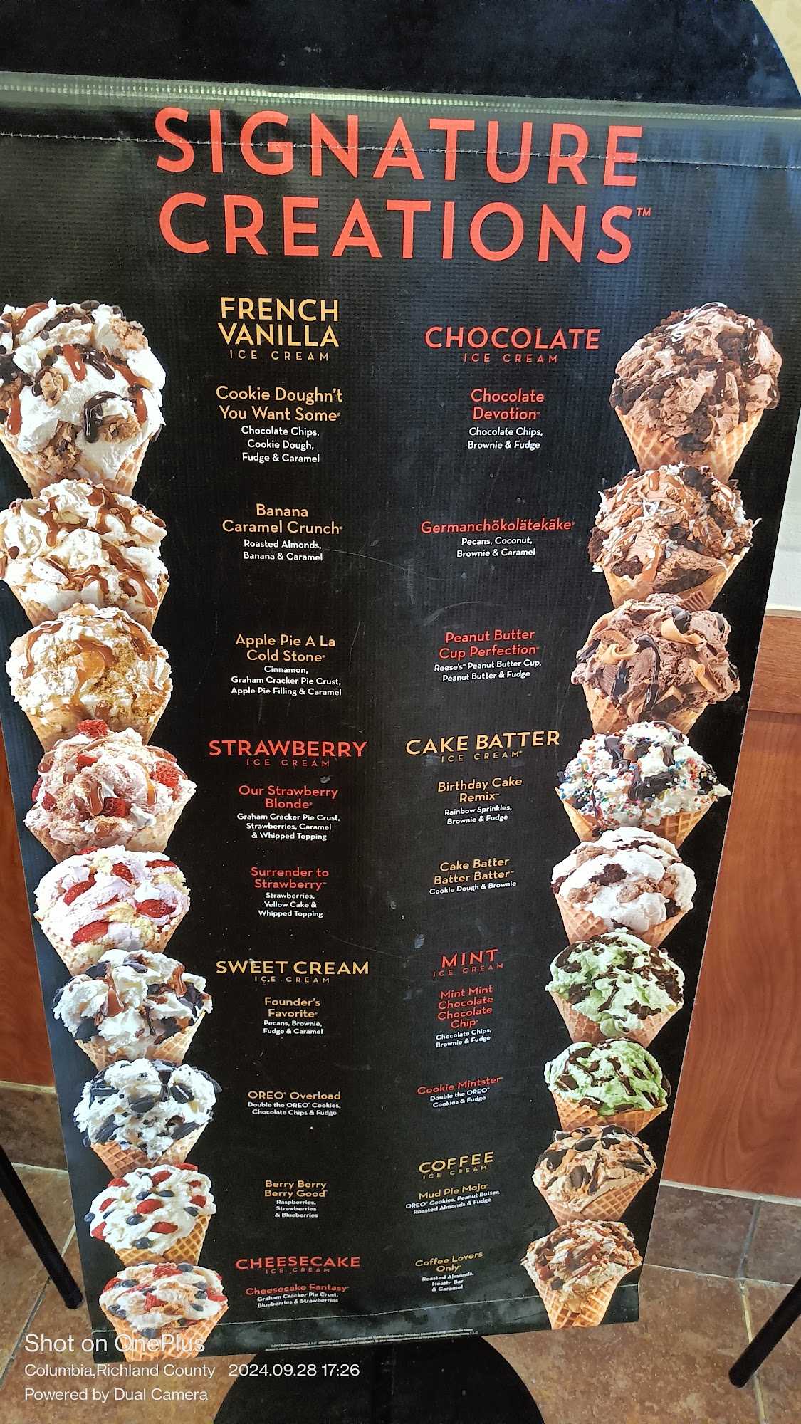 Cold Stone Creamery Menu