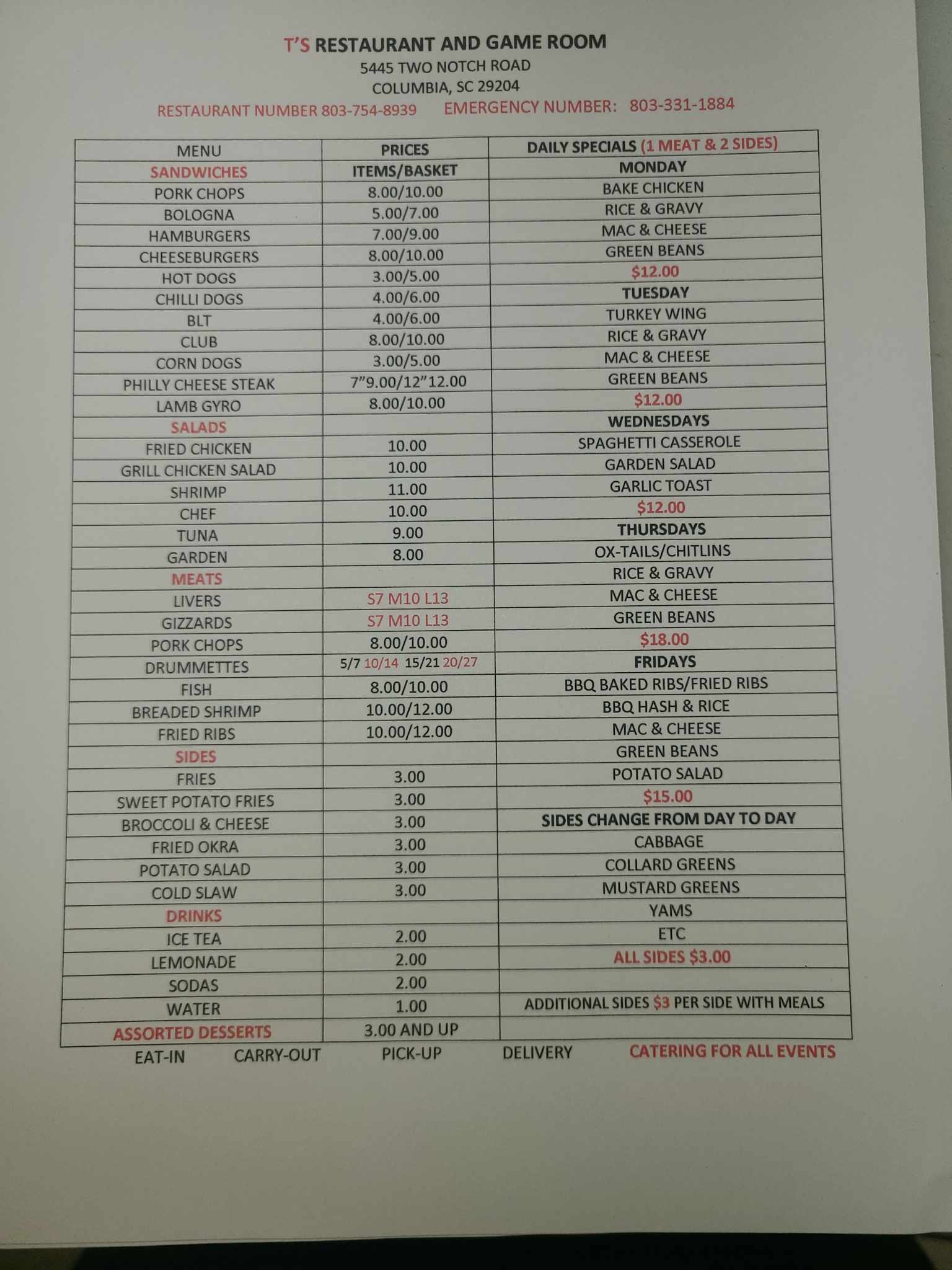 T's Restaurant and Game Room Menu