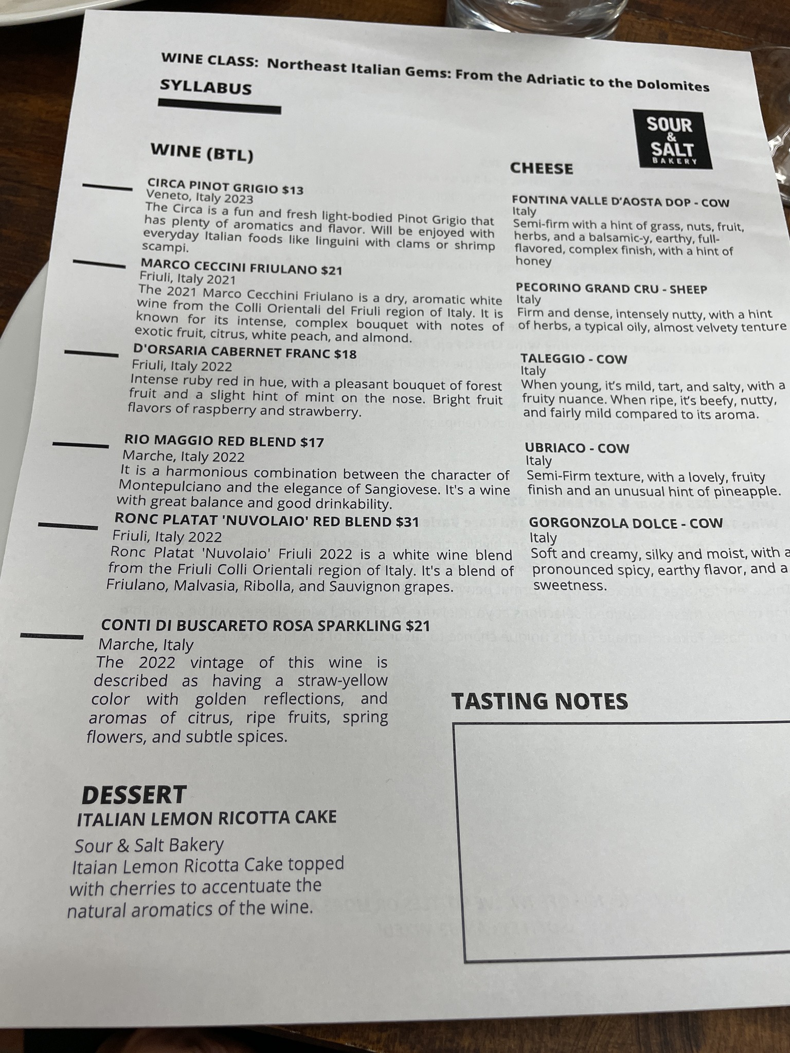 Sour & Salt Bakery Menu
