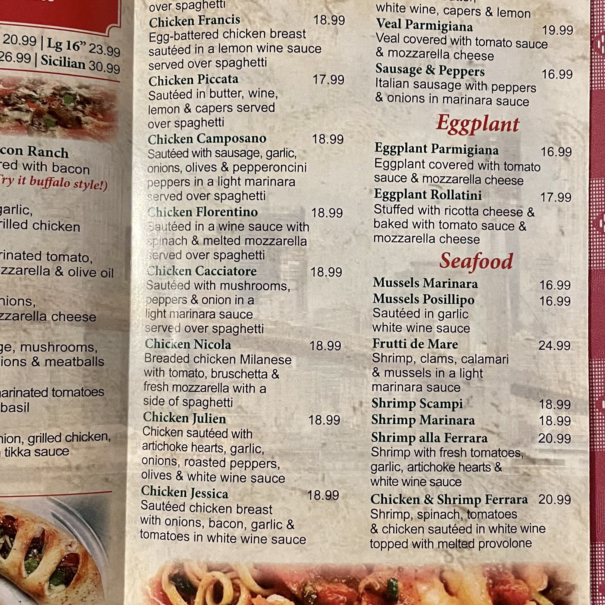 Ferrara Real NY Pizza Menu