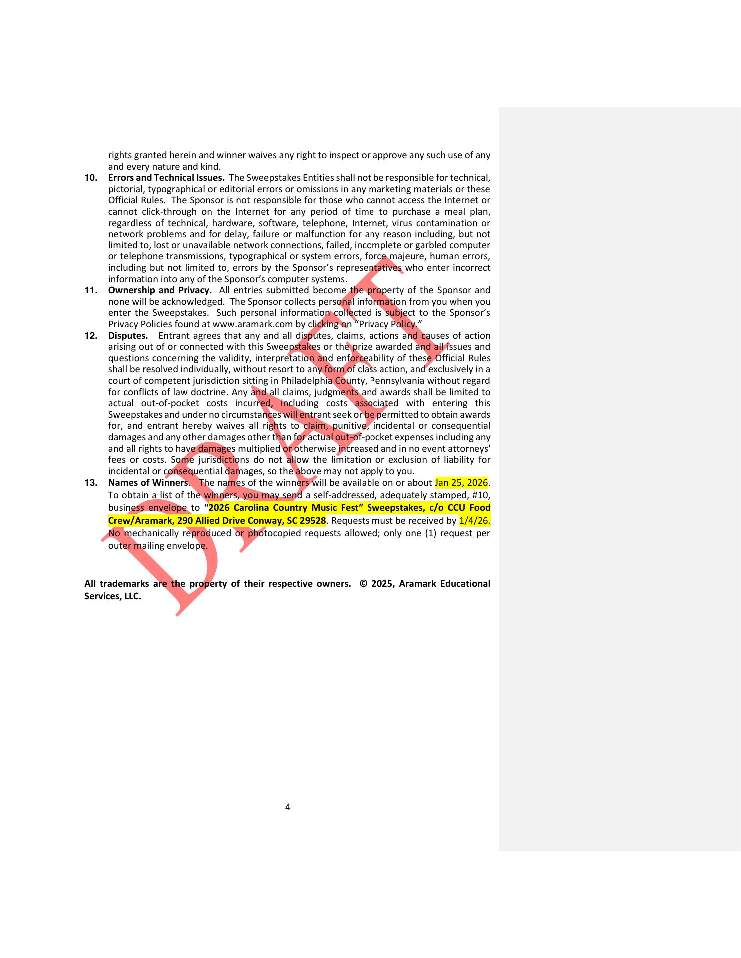 Chauncey's Choice Menu