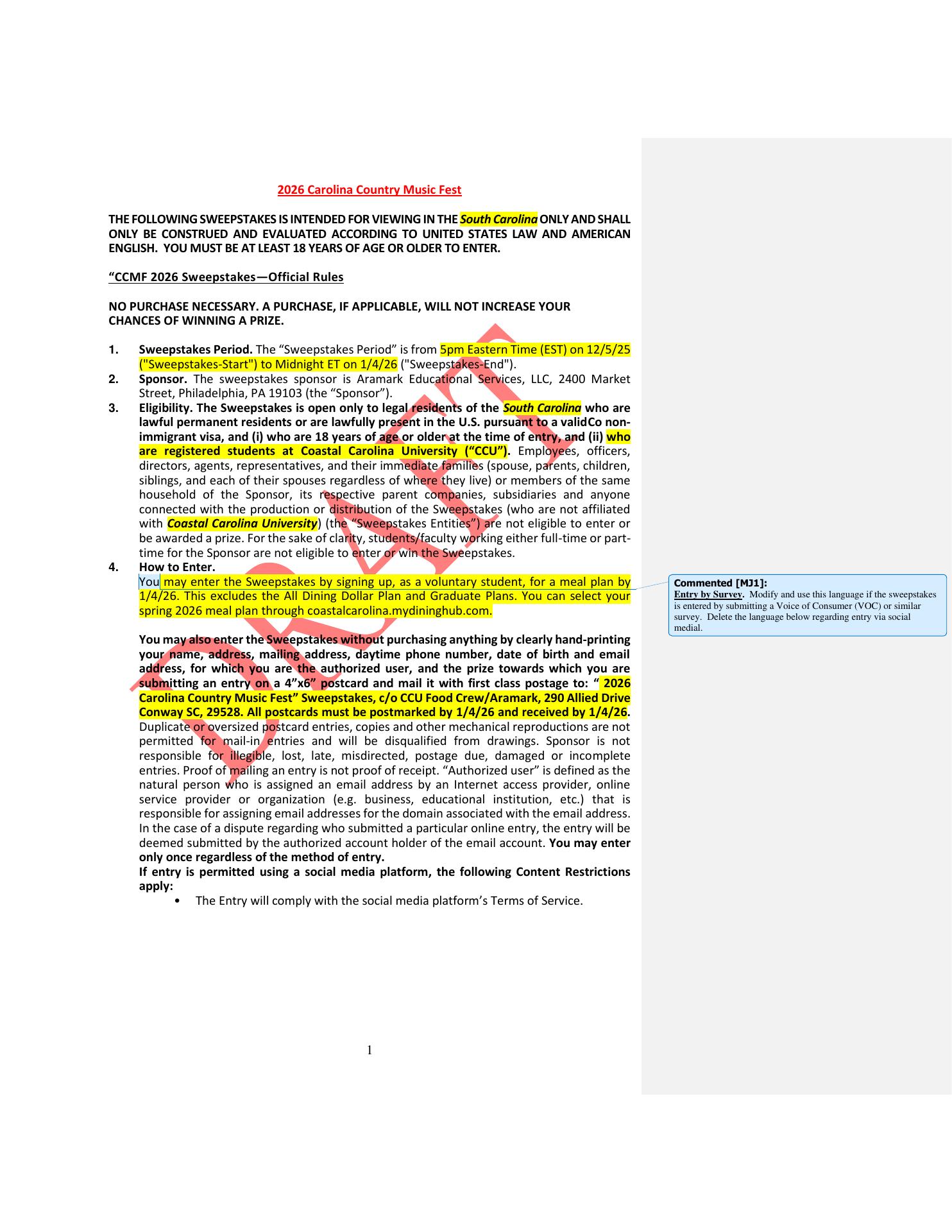 Chauncey's Choice Menu