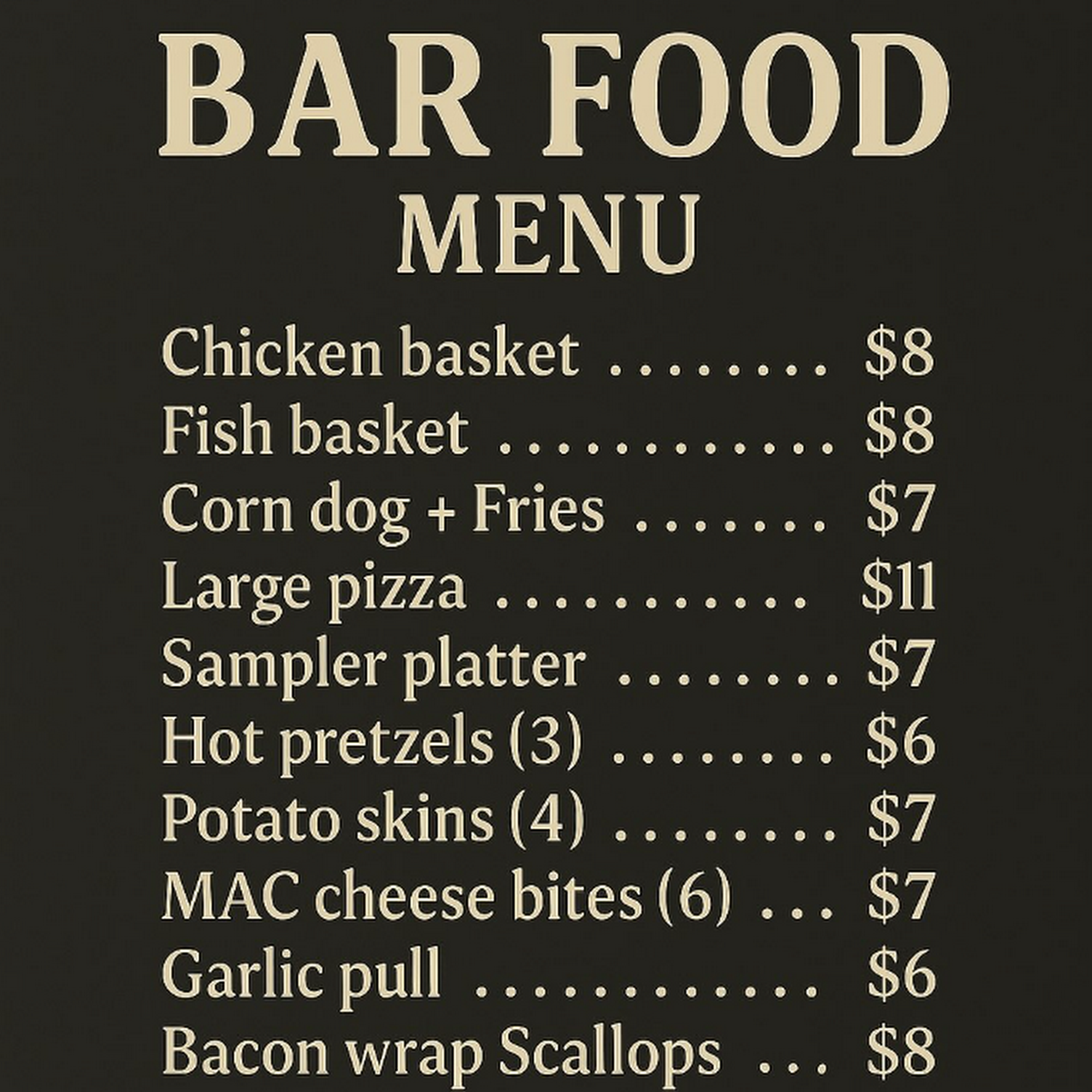 Cosmo’s Bar on Elm Menu