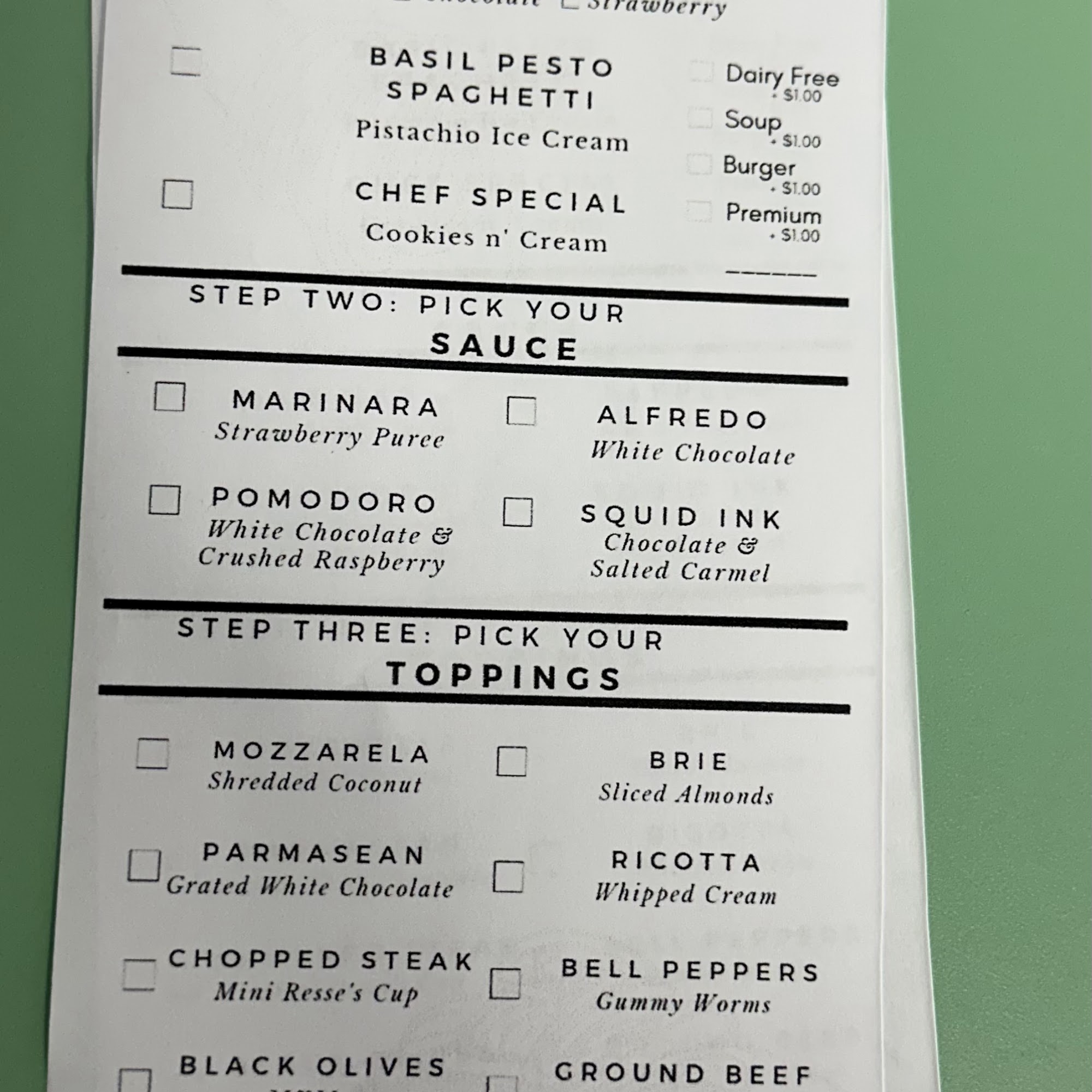 IC Pasta Menu