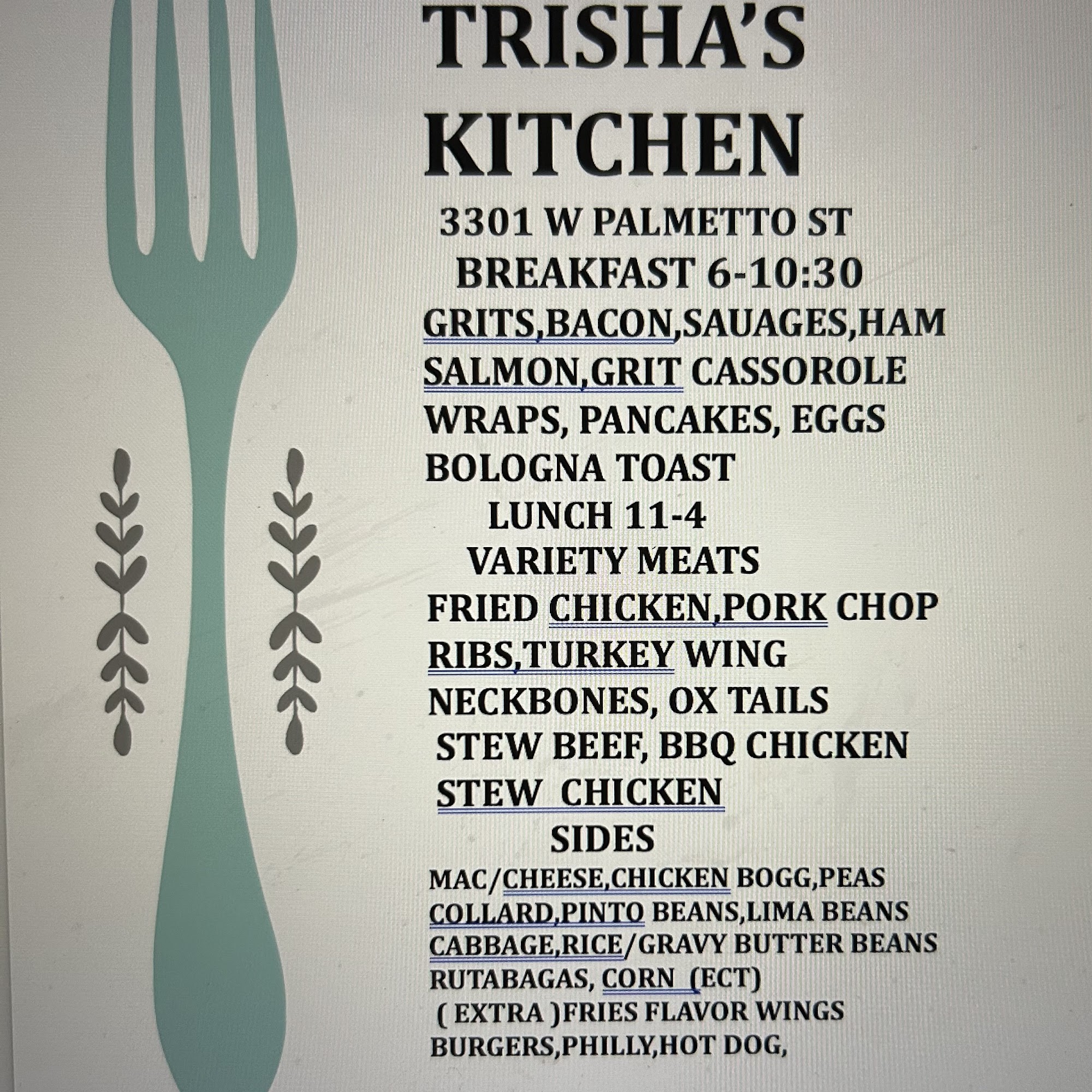 Trisha's Kitchen Menu
