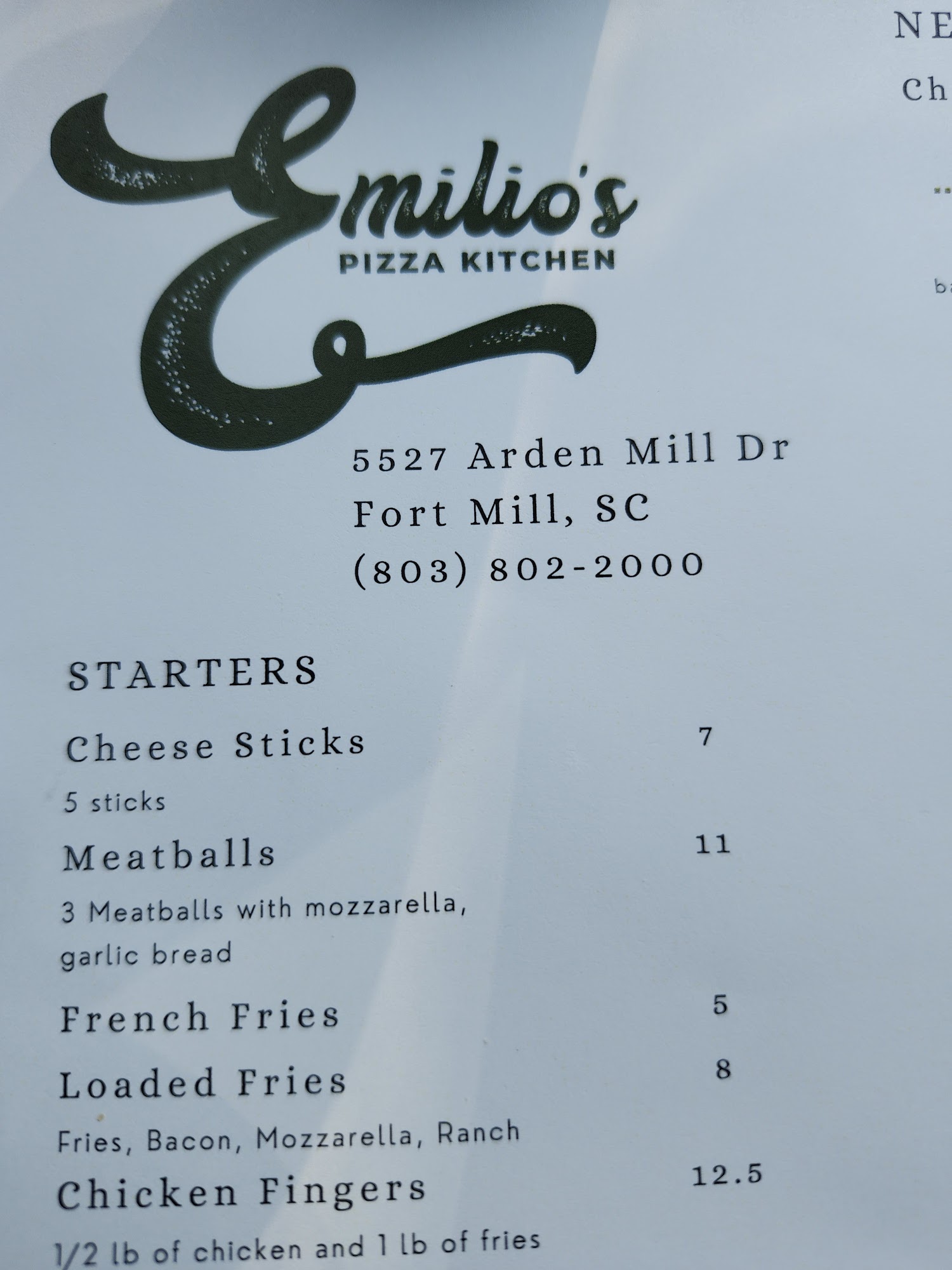 Emilio's Pizza Kitchen Menu
