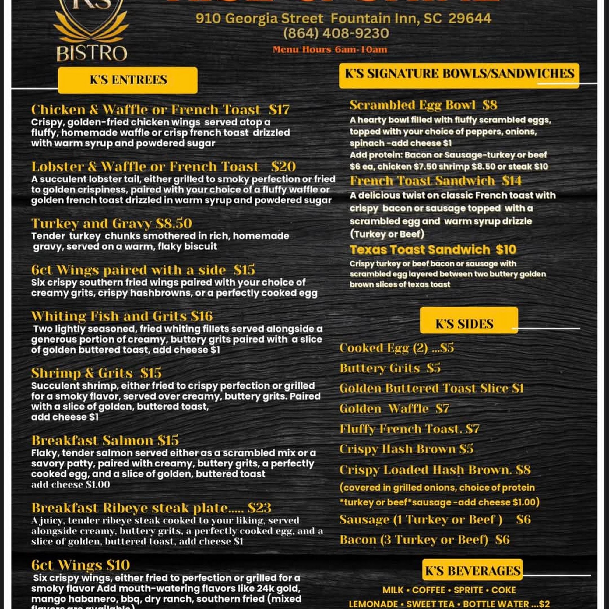 K's Bistro Menu