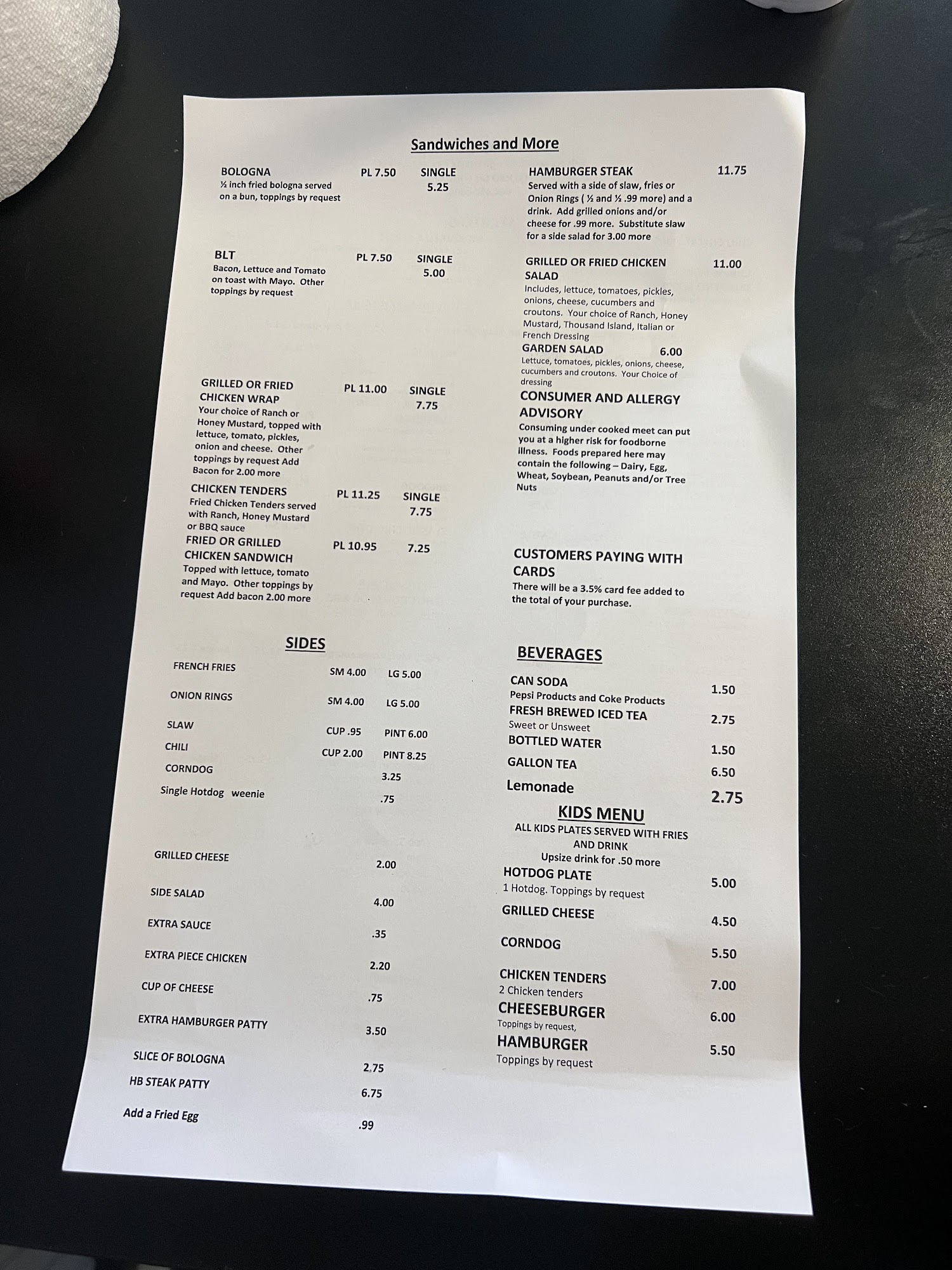 H&W Grill Menu