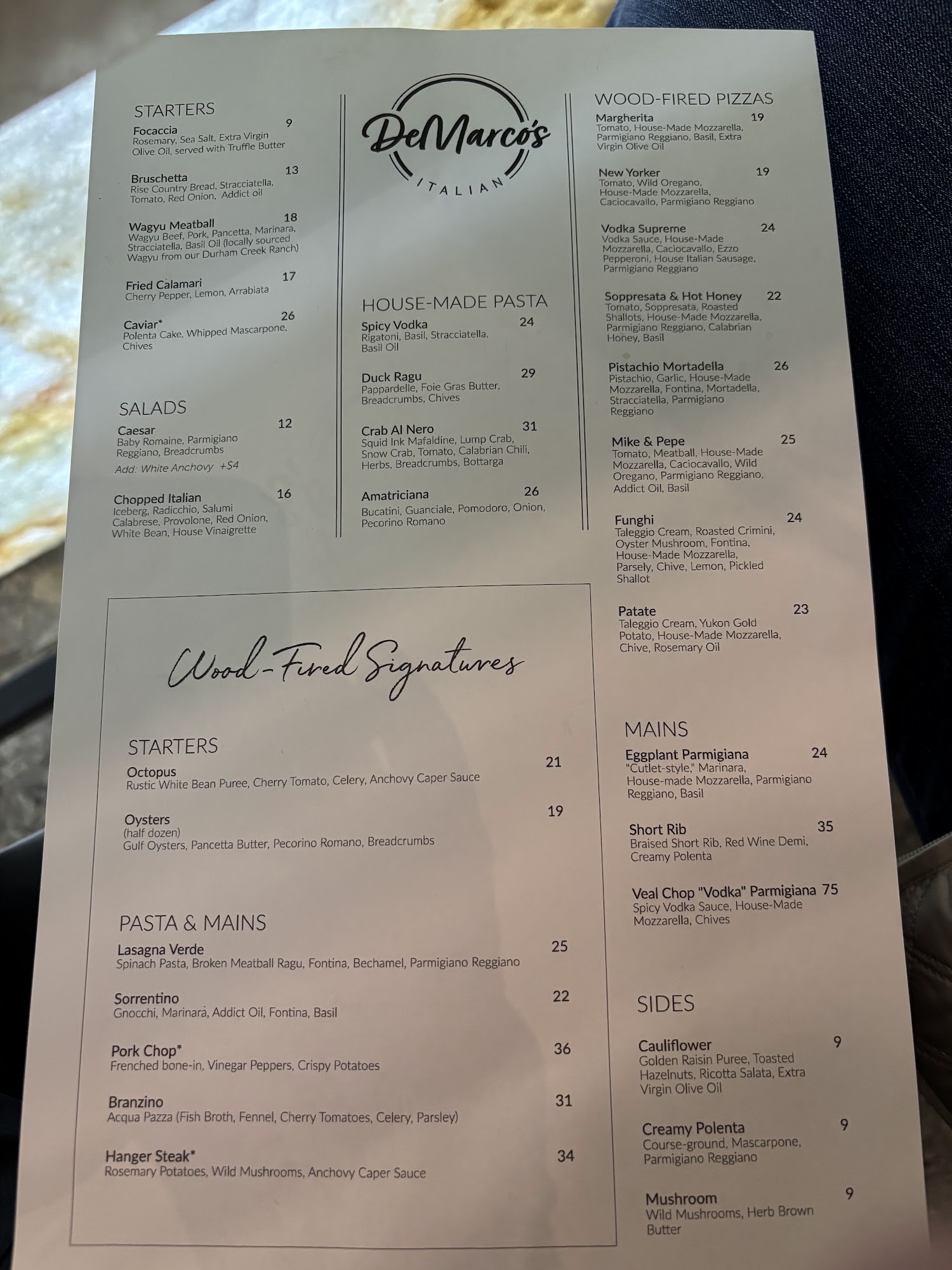 DeMarco's Italian Menu