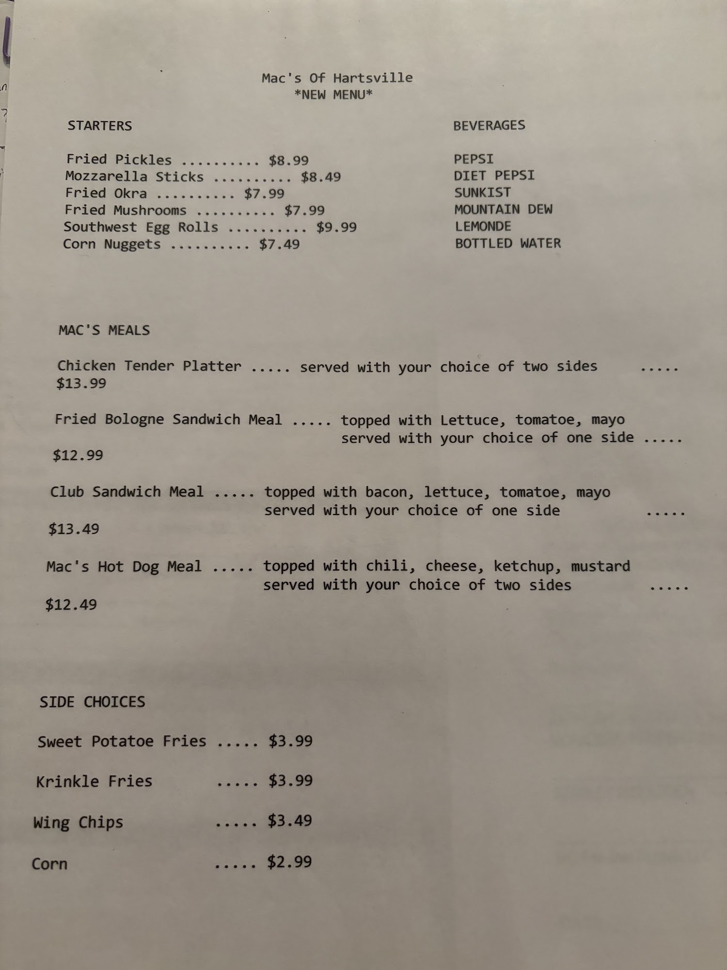Mac's of Hartsville Menu