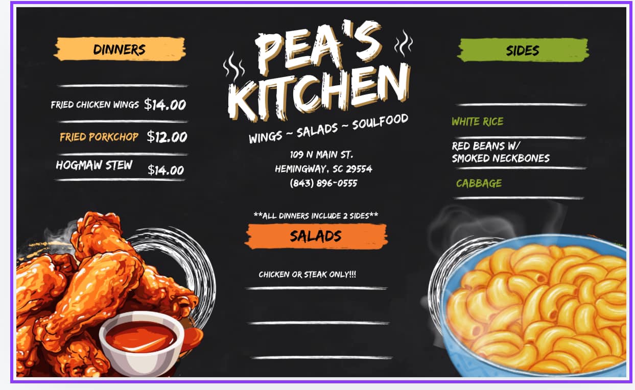Pea’s Kitchen Menu