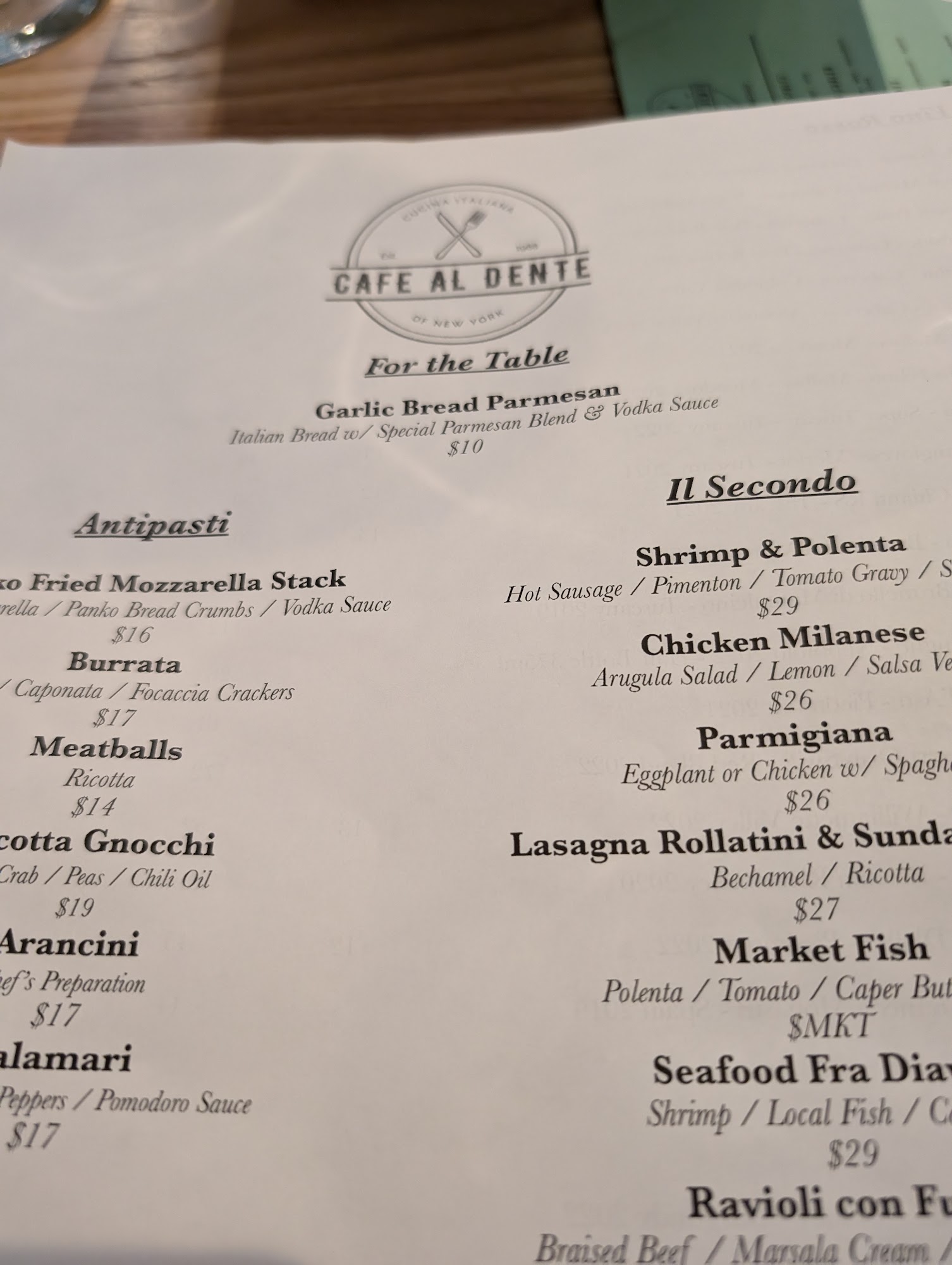 Cafe Al Dente of New York Menu