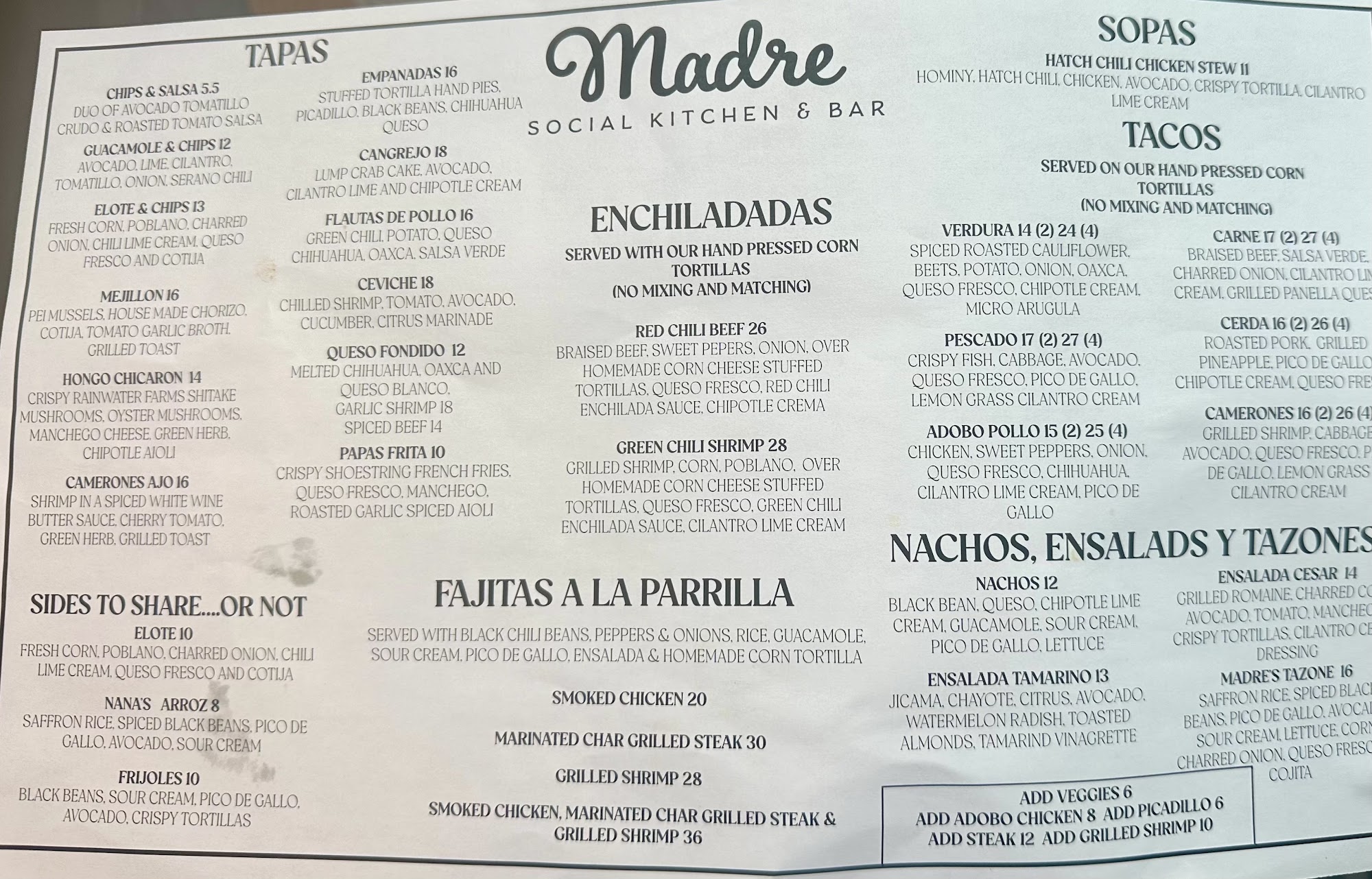 Madre Social Kitchen &Bar Menu