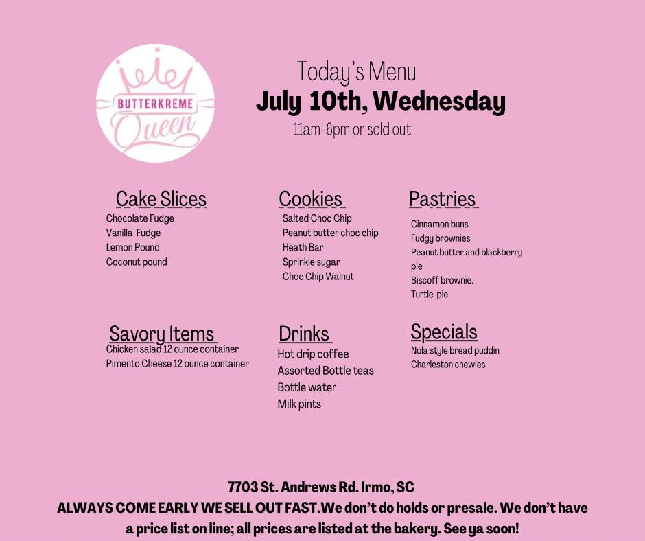 ButterKreme Queen Bakery Menu
