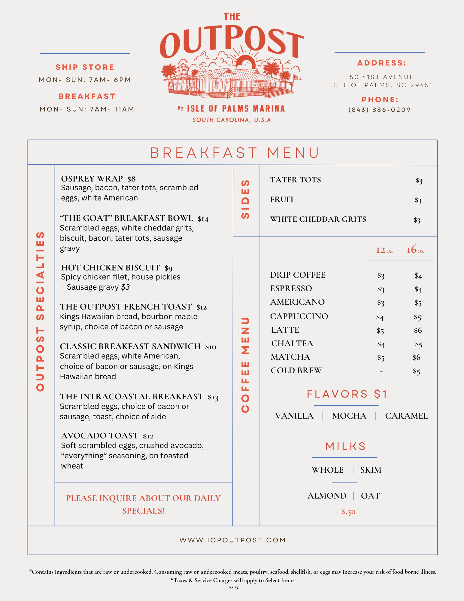 The Outpost at IOP Marina Menu