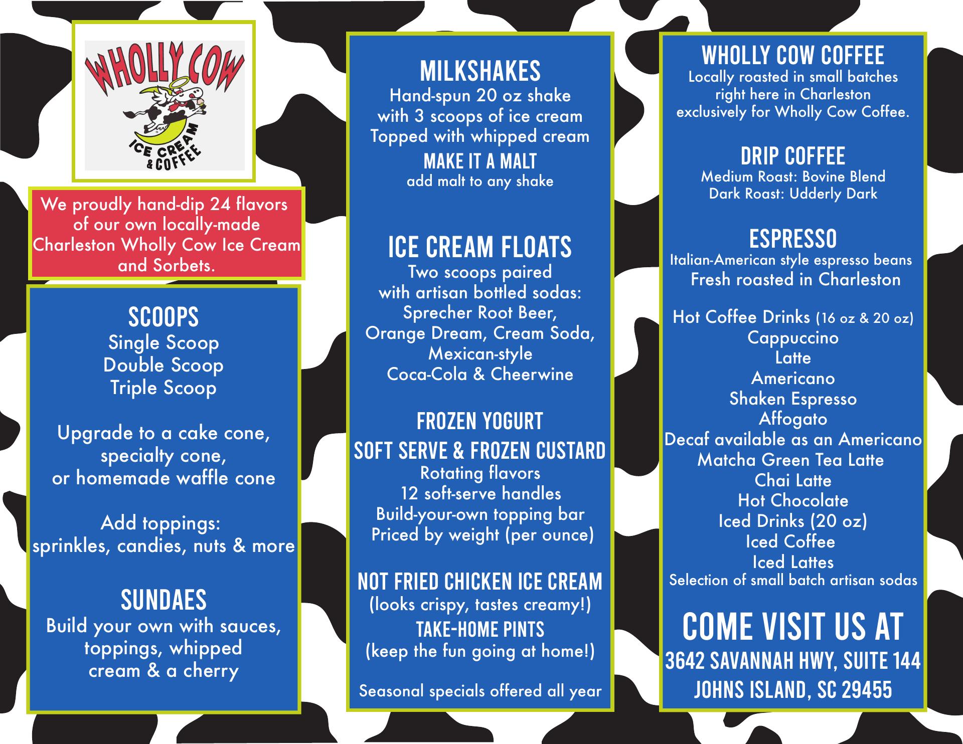 Wholly Cow Ice Cream and Coffee Menu