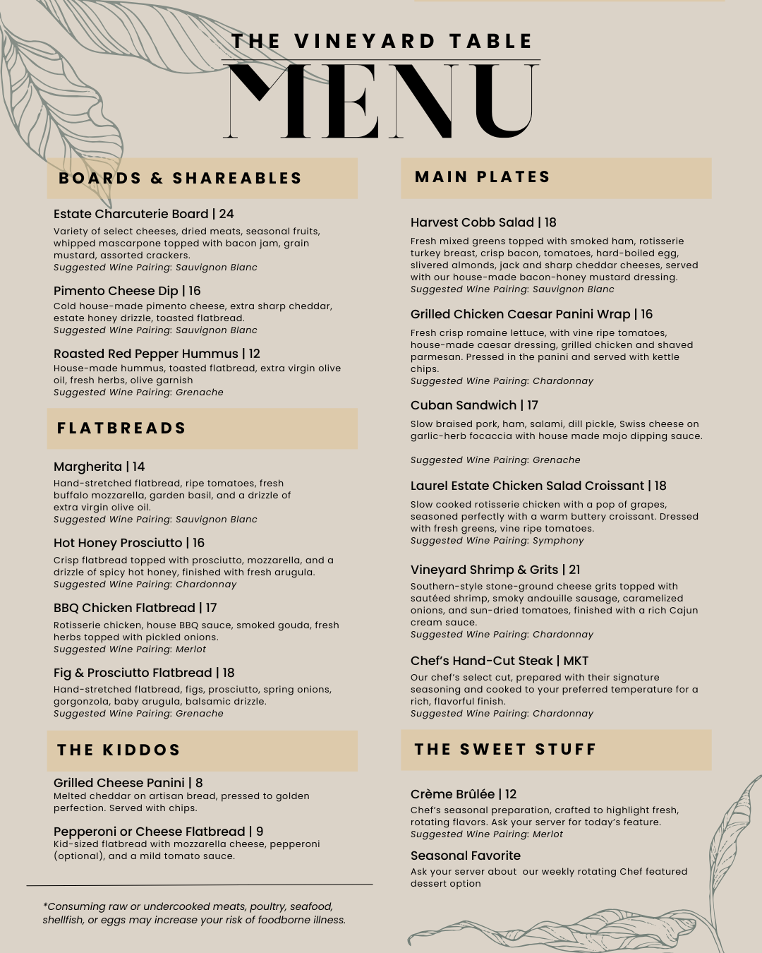 Laurel Haven Estate Vineyard and Winery Menu