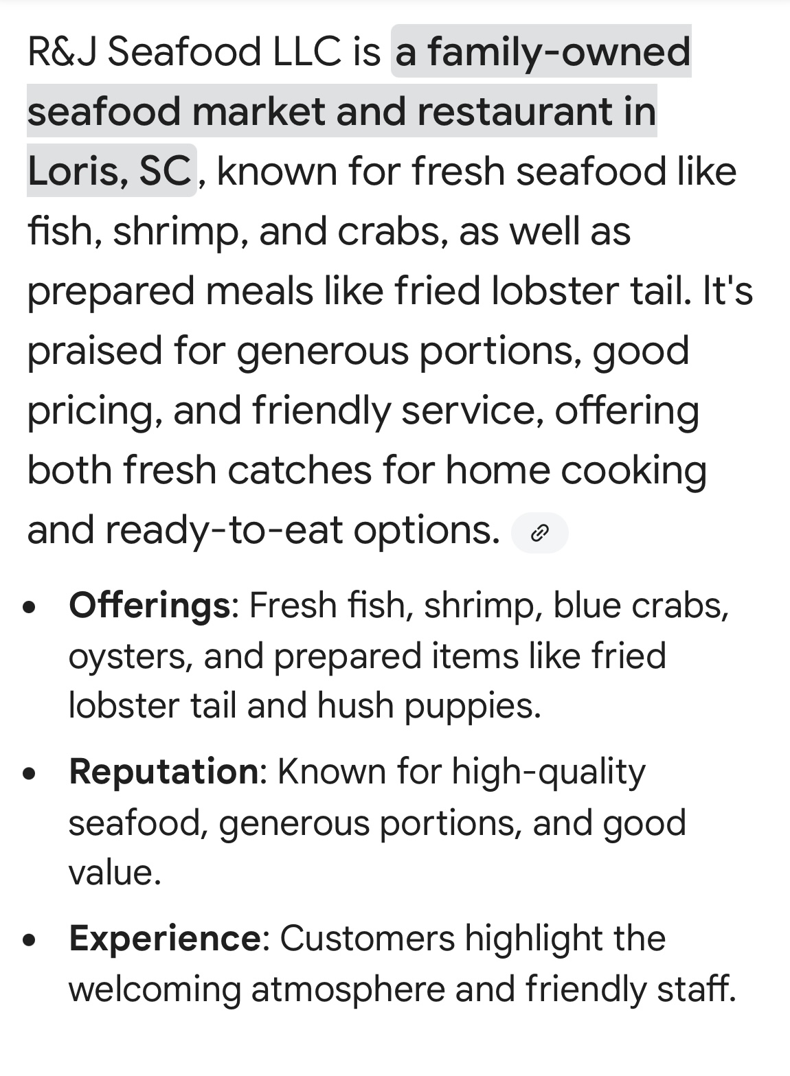 R&J Seafood LLC Menu