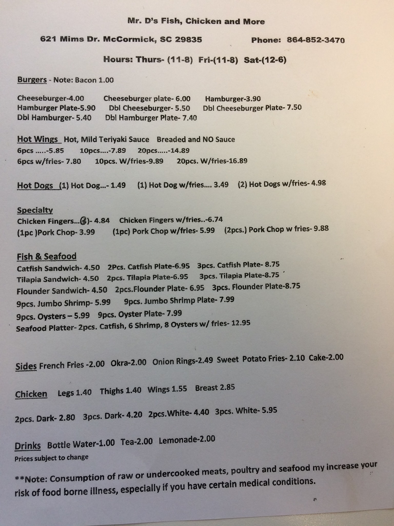 Mr. D's Resturant Menu