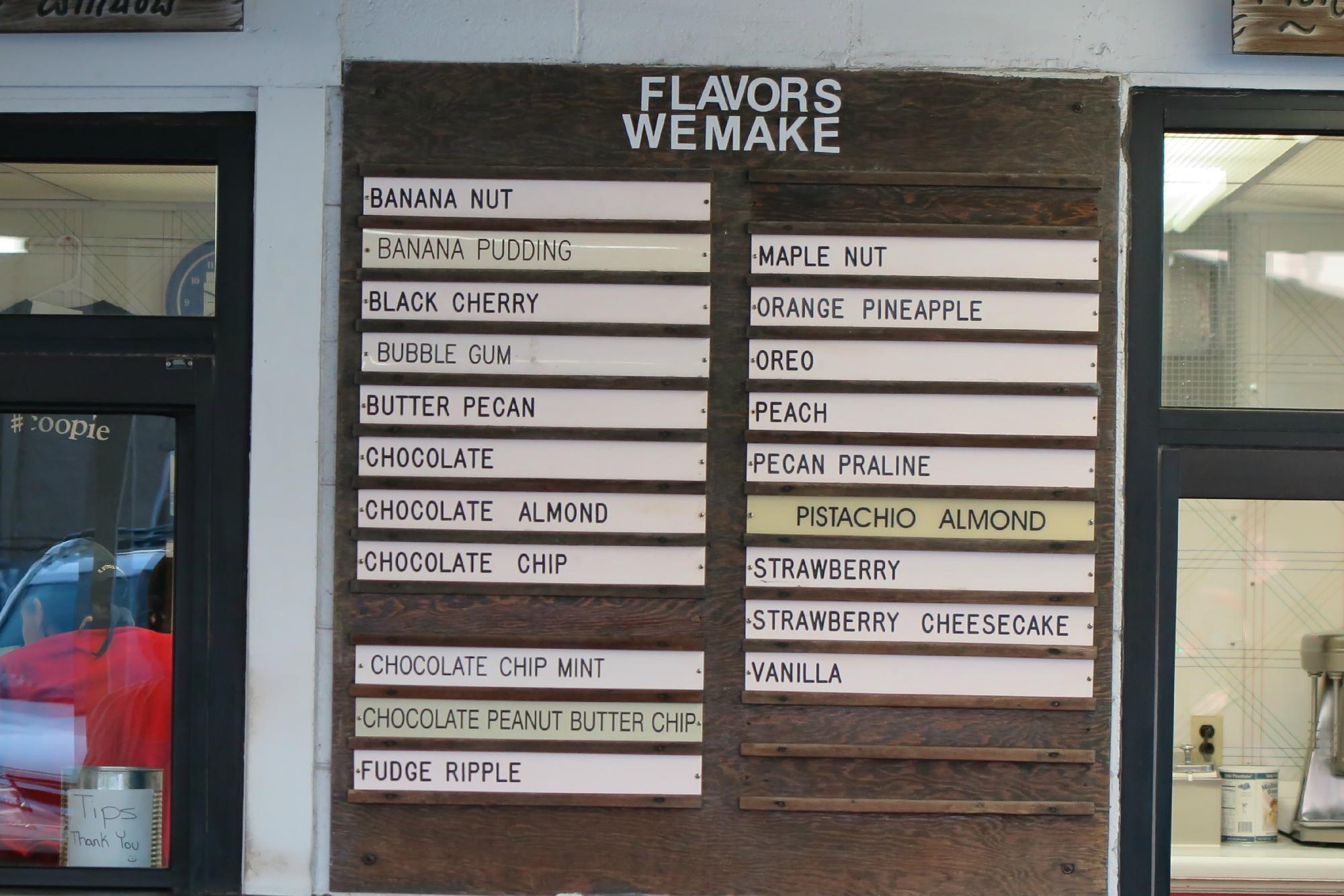 Webster's Home Made Ice Cream Menu