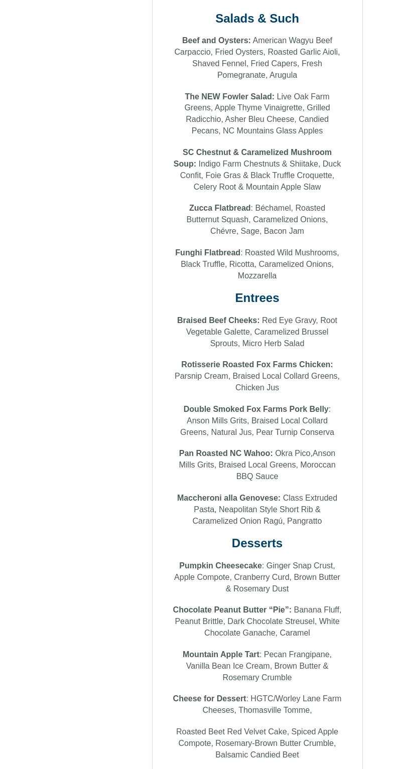 Fowler Dining Room Menu