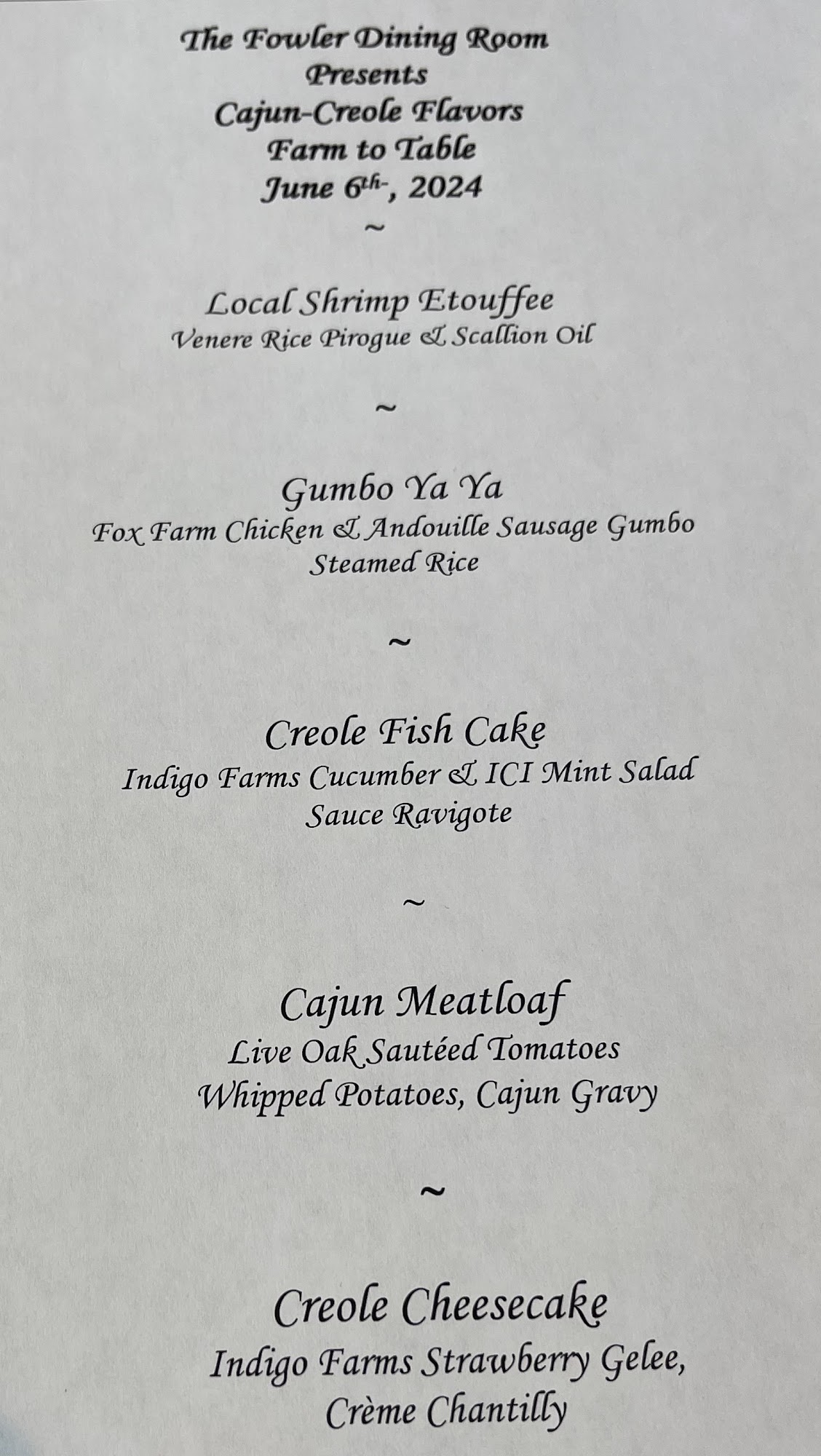 Fowler Dining Room Menu