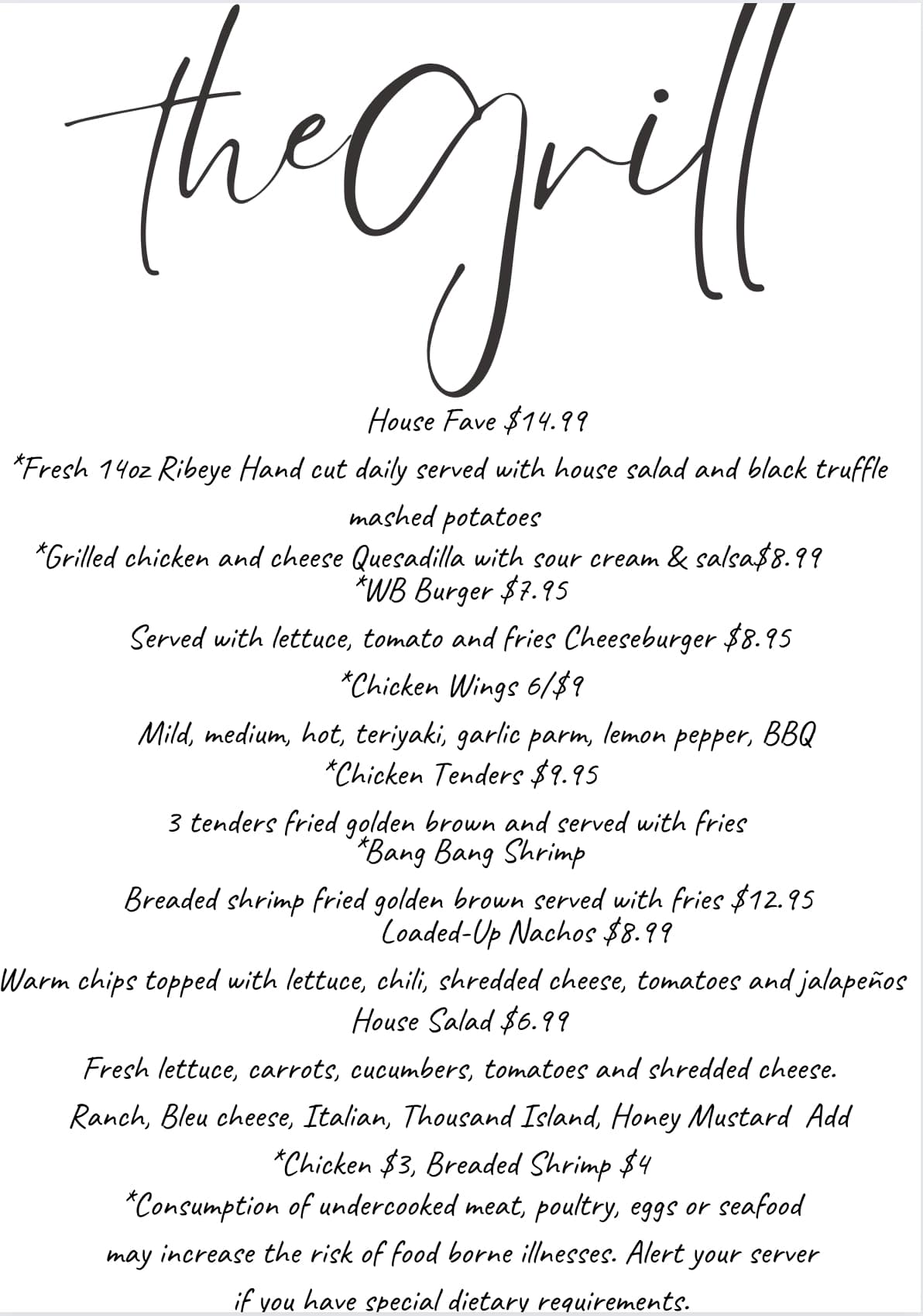 Myrtle Beach Riptides Menu