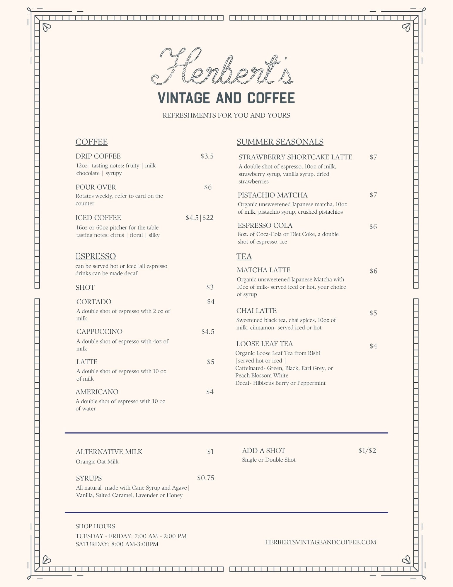 Herbert's Vintage and Coffee Menu