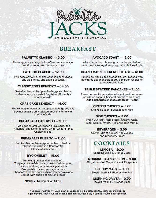 Sawgrass Room at Pawleys Menu