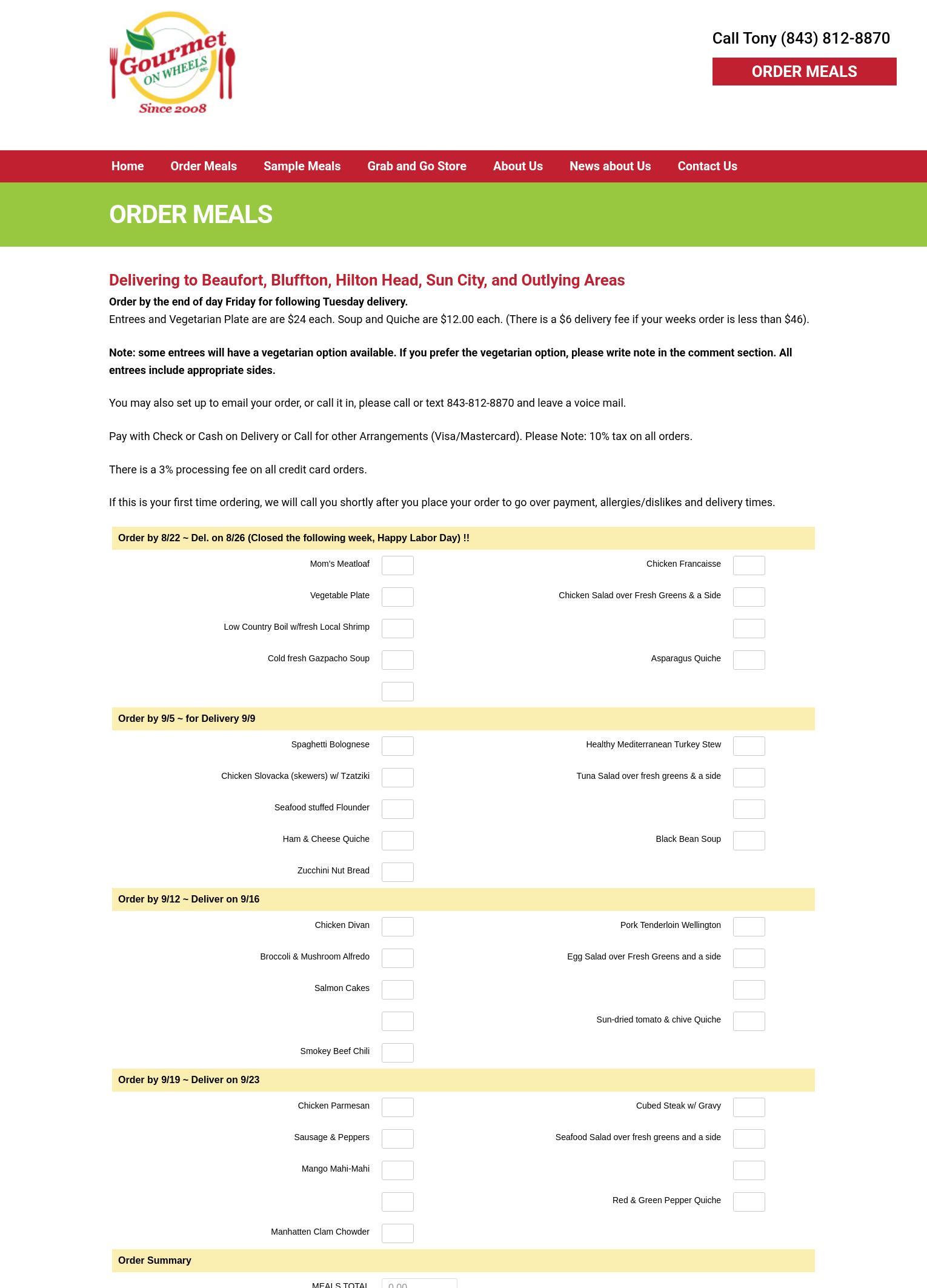 Gourmet on Wheels, Inc. Menu